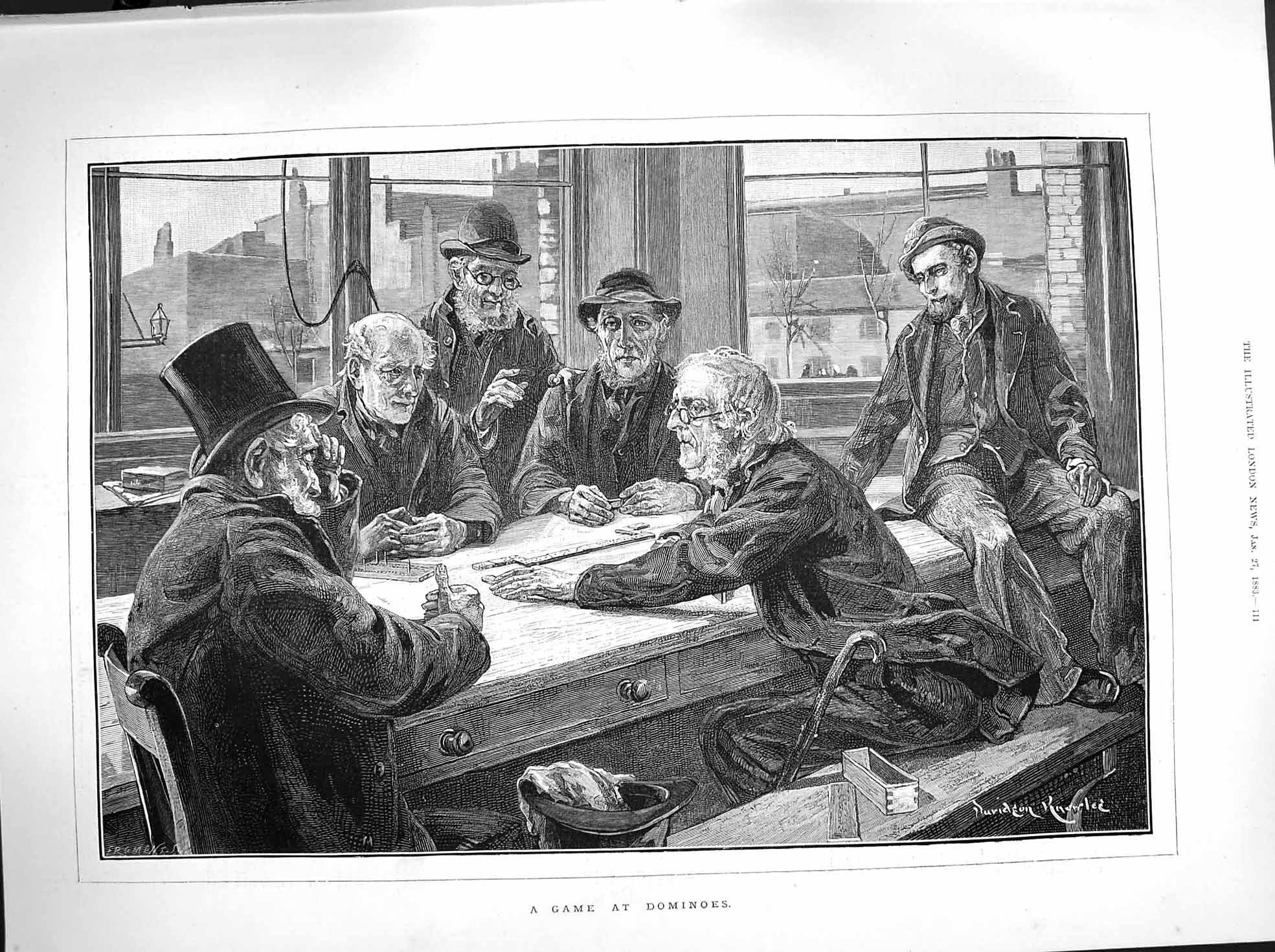 Original Old Antique Print 1883 Men Playing Game Dominoes Knowles Fine Art 19th