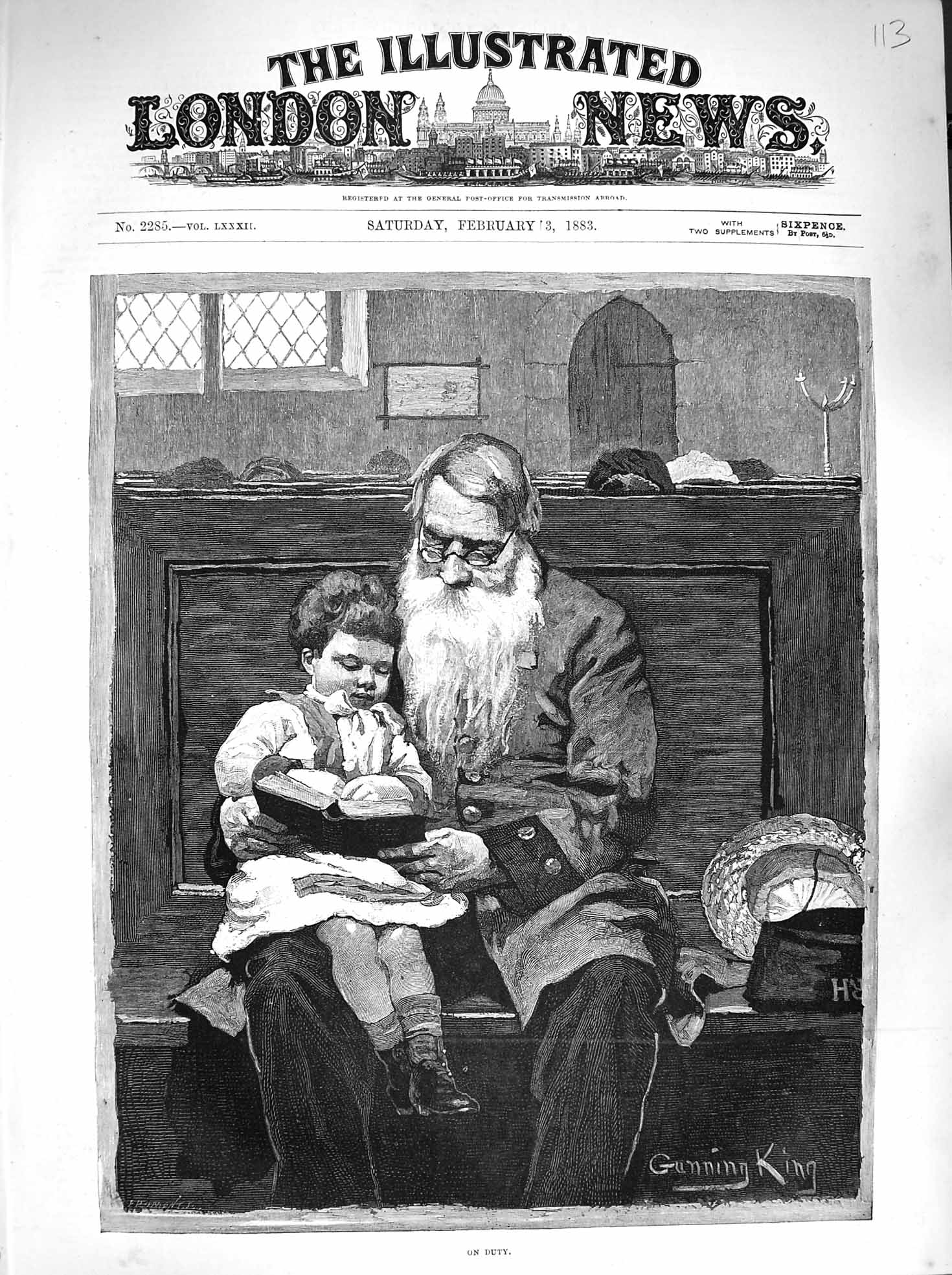 Original Old Antique Print 1883 On Duty Man Church Pew Little Boy Bible Art