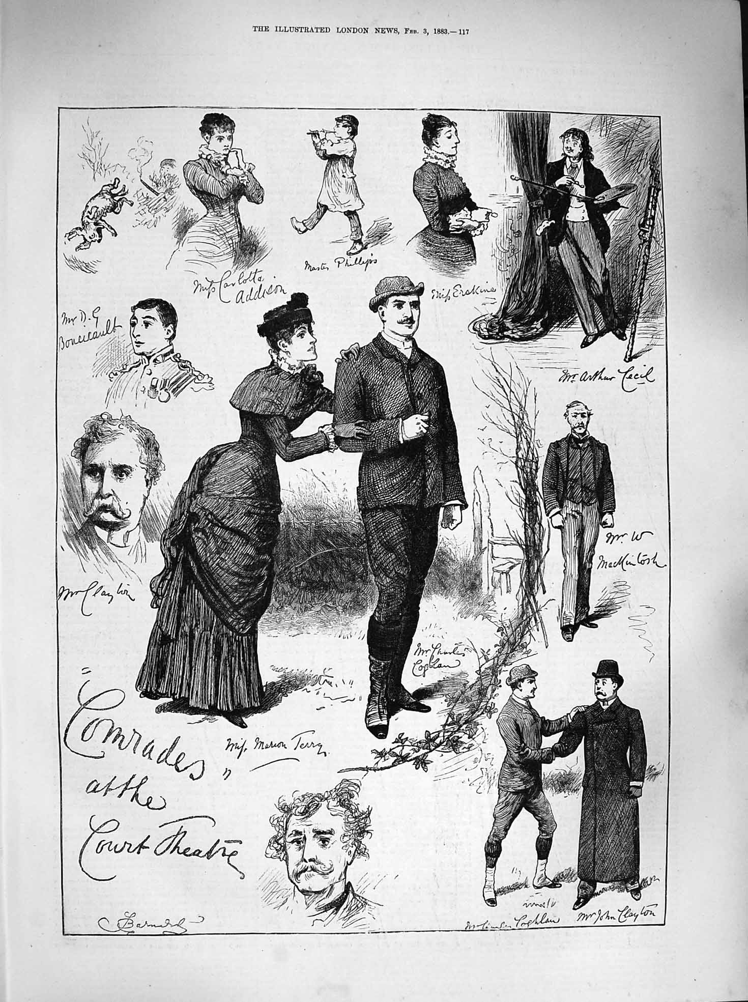 Original Old Antique Print 1883 Comrades Court Theatre Terry Clayton Phillips