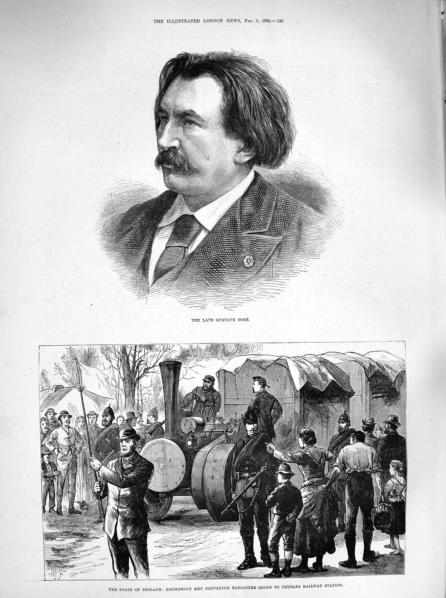 Original Old Antique Print 1883 Gustave Dore Ireland Boycotted Goods Thurles