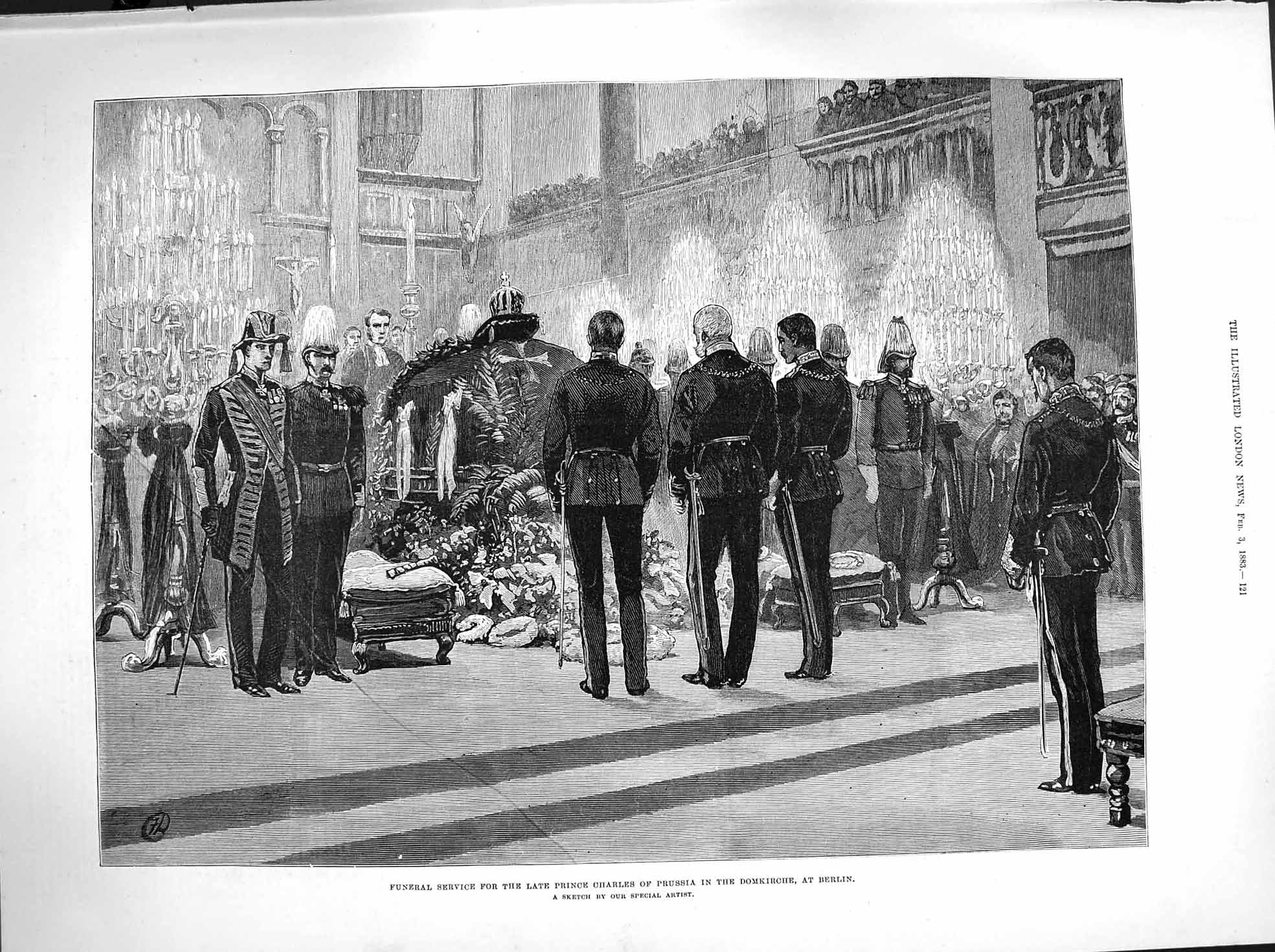 Old Antique Print 1883 Funeral Service Prince Charles Prussia Domkirche 19th