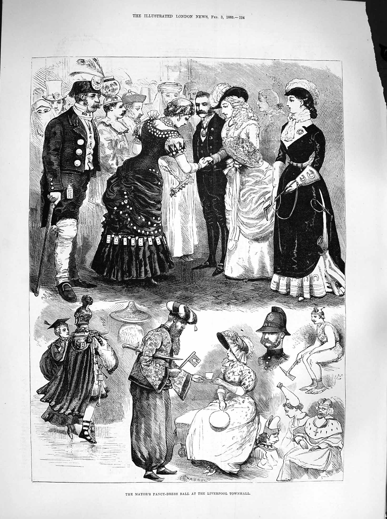 Old Antique Print 1883 Mayor Fancy Dress Ball Liverpool Townhall Costumes 19th