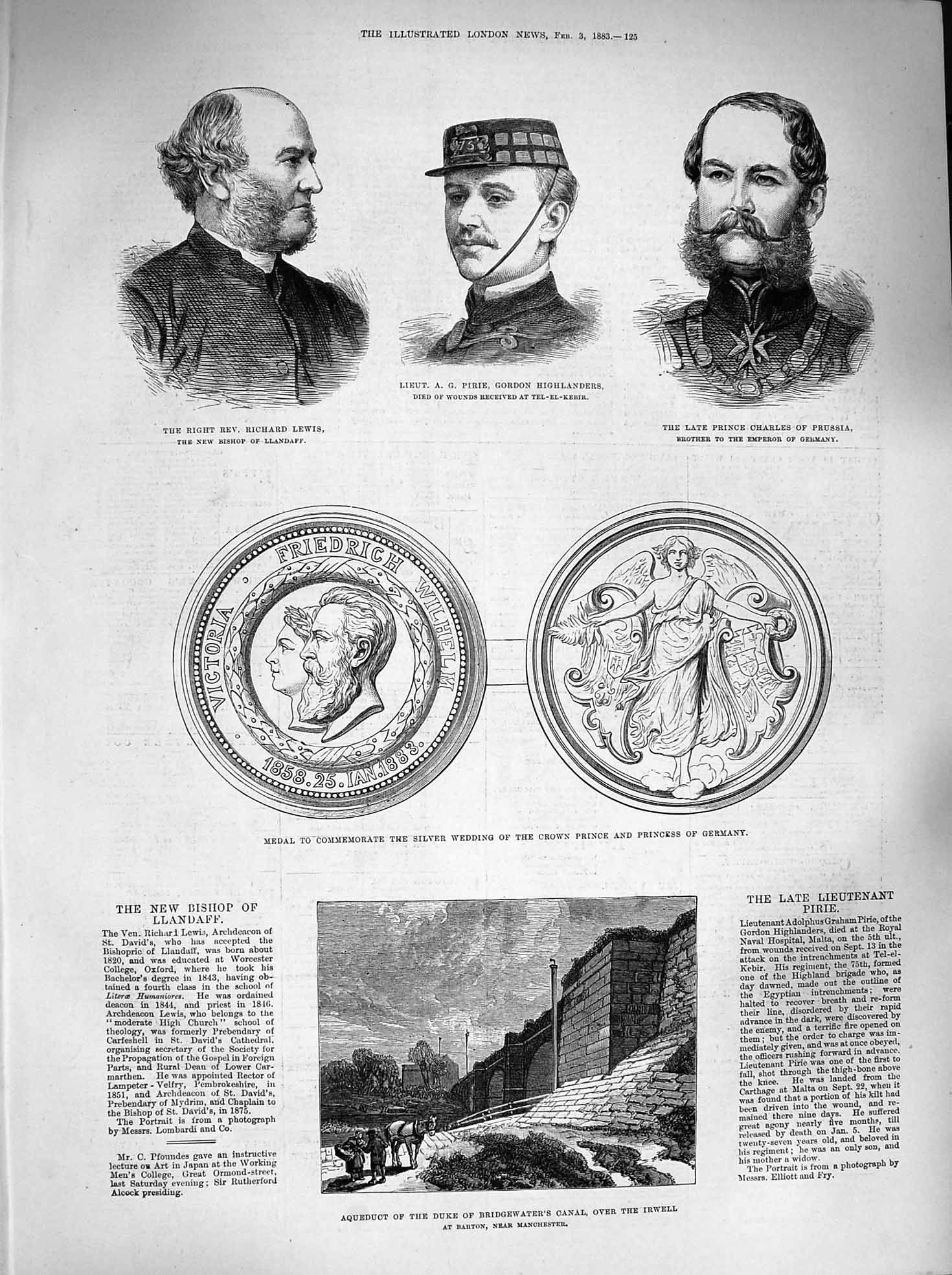 Original Old Antique Print 1883 Duke Bridgwater Canal Pirie Lewis Prussia Medal