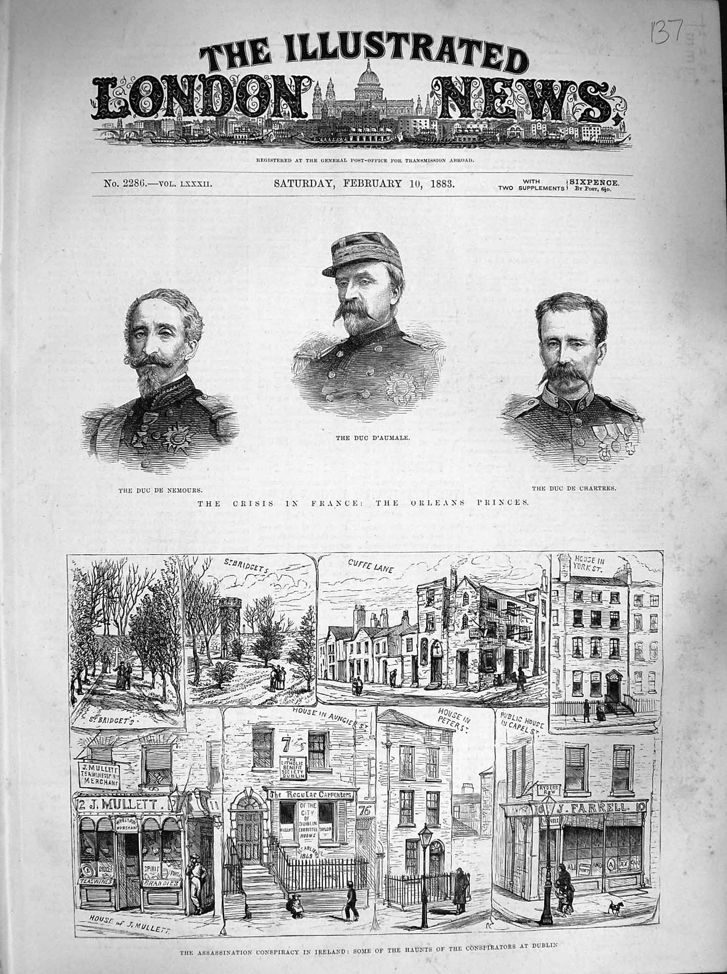 Original Old Antique Print 1883 Assassination Ireland Nemours Chartres D'Aumale