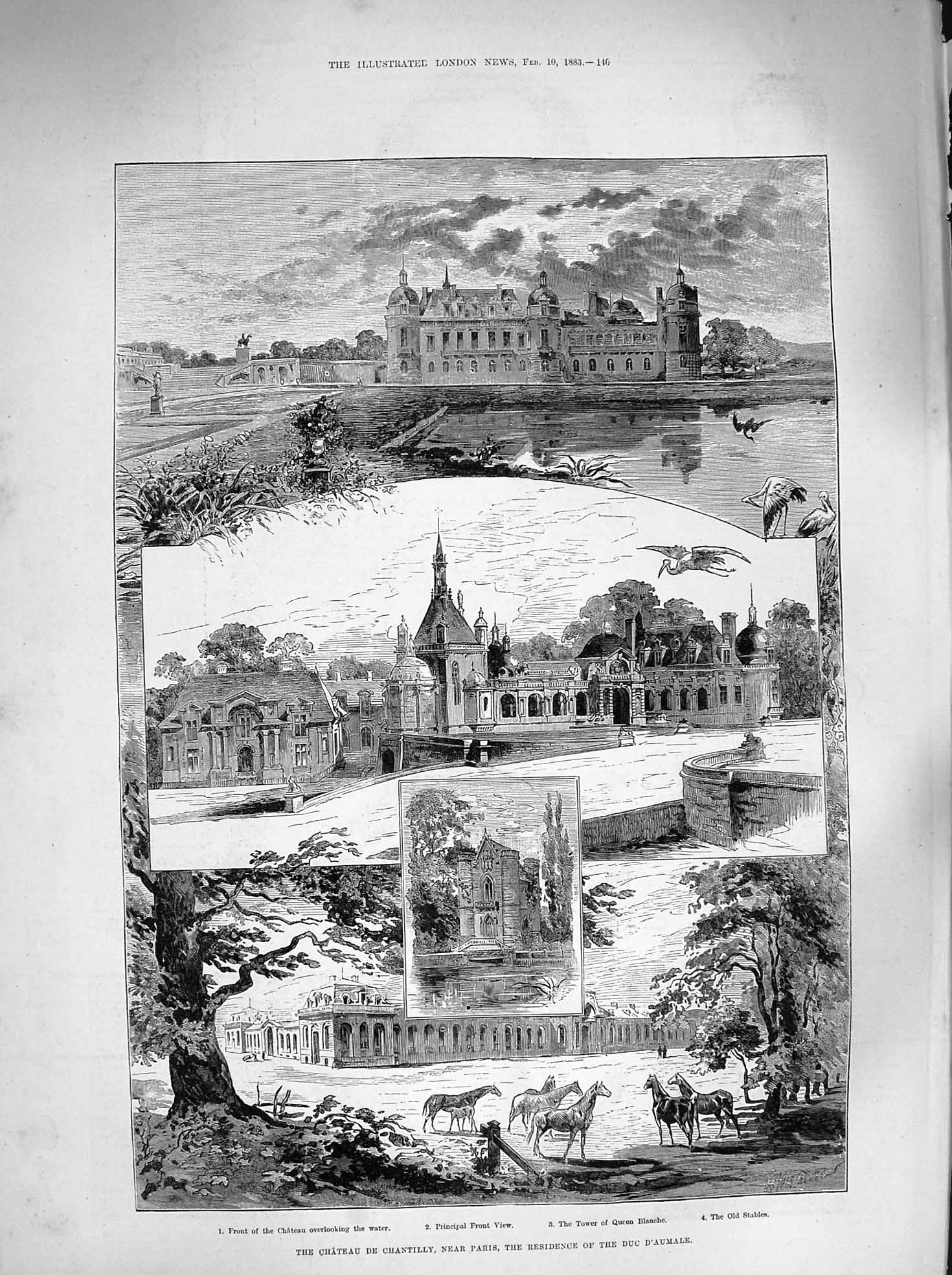 Original Old Antique Print 1883 Chateau De Chantilly Paris Duc D'Aumale 19th