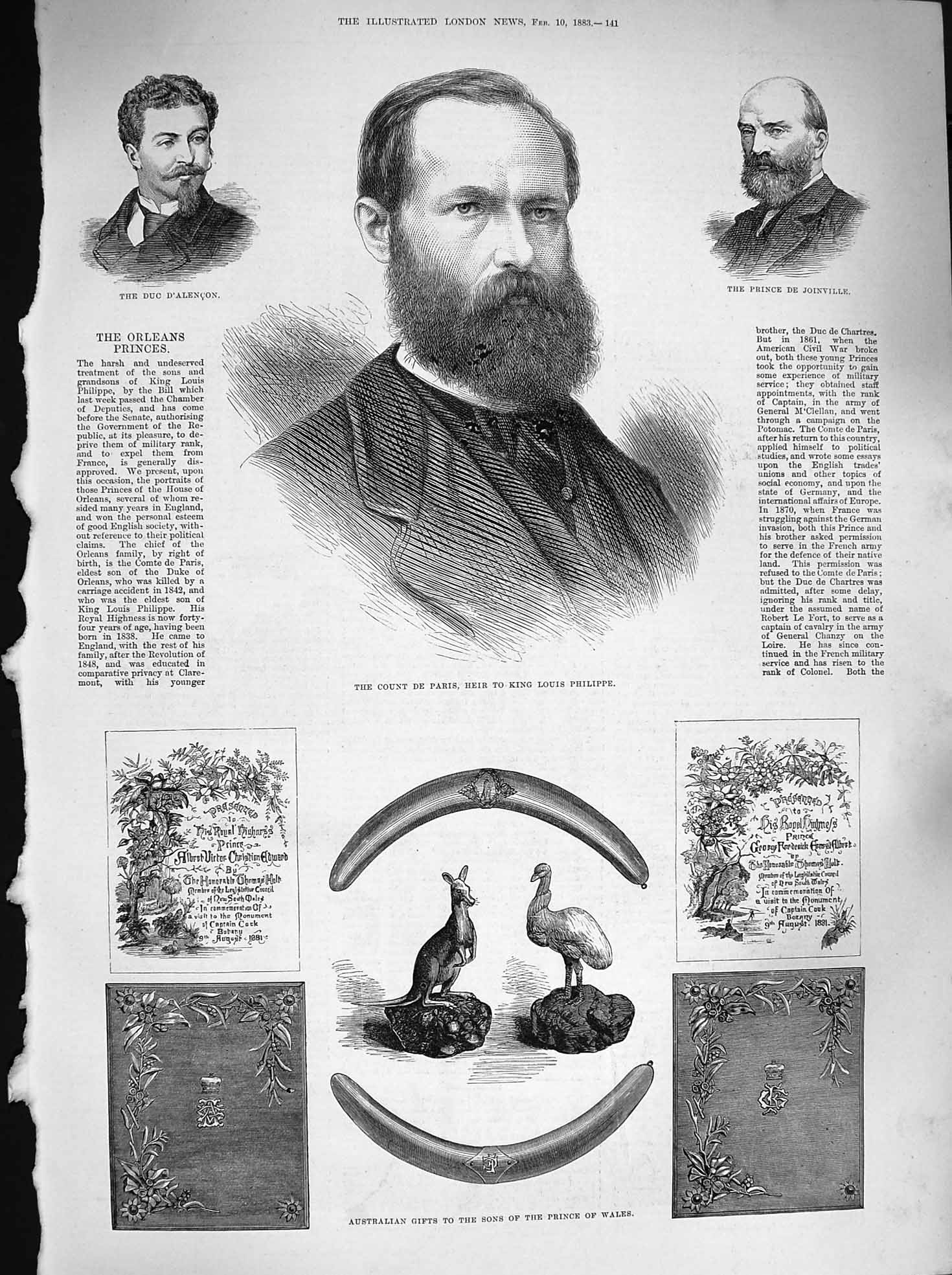Old Antique Print 1883 Count Paris D'Alencon Joinville Prince Wales Gifts 19th