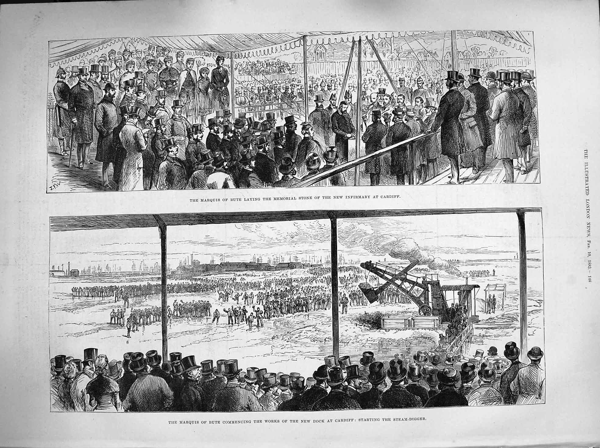 Original Old Antique Print 1883 Marquis Bute Works New Dock Cardiff Hospital