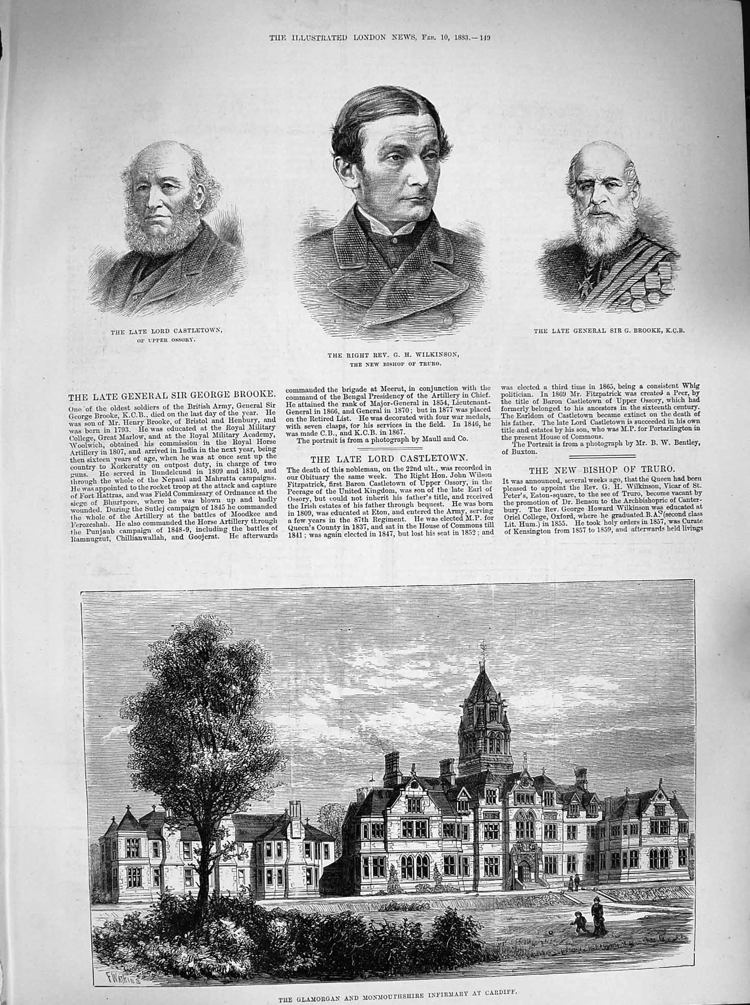 Original Old Antique Print 1883 Castletown Wilkinson Brooke Glamorgan Hospital