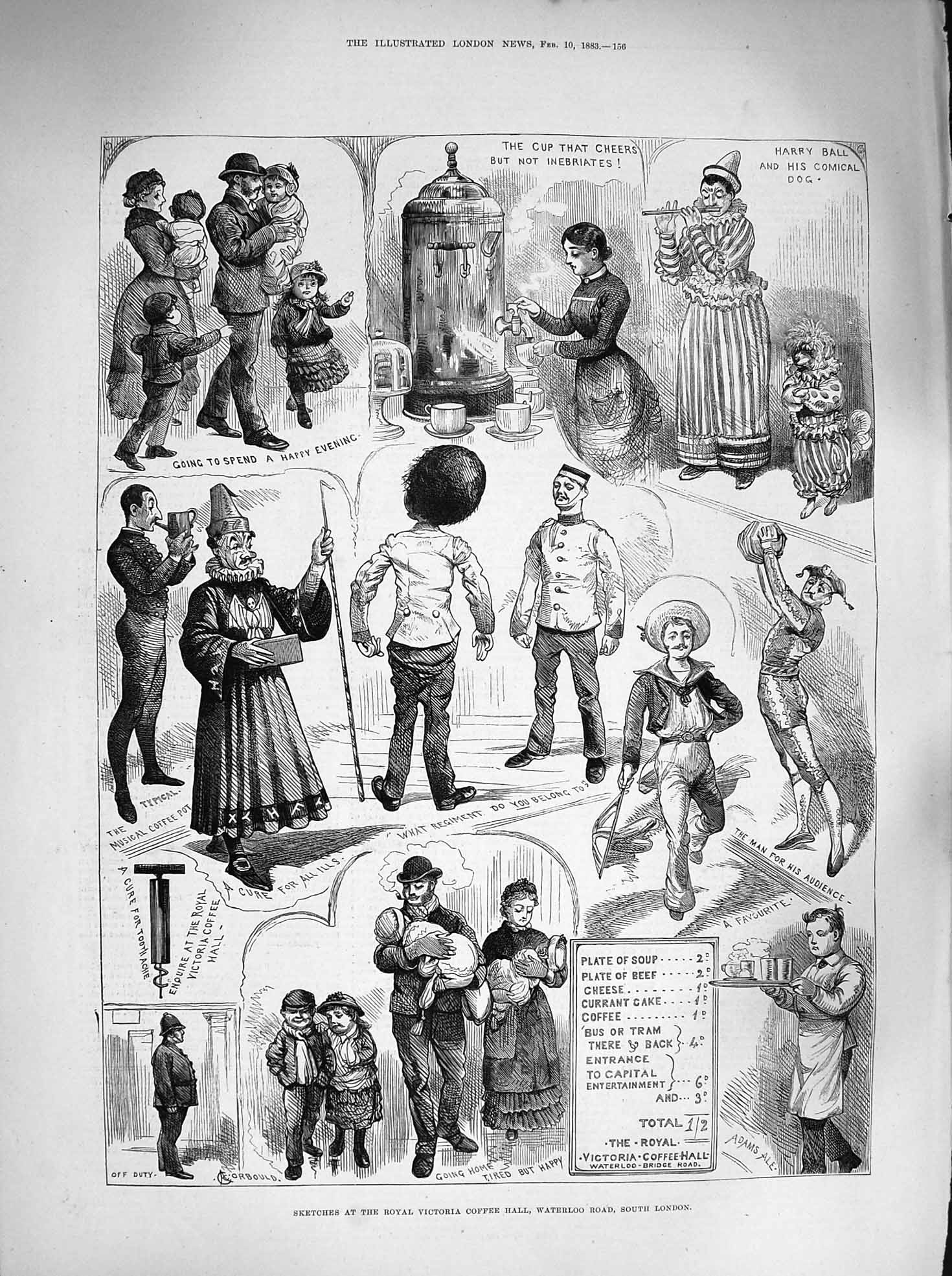 Original Old Antique Print 1883 Royal Victoria Coffee Hall Waterloo Road London