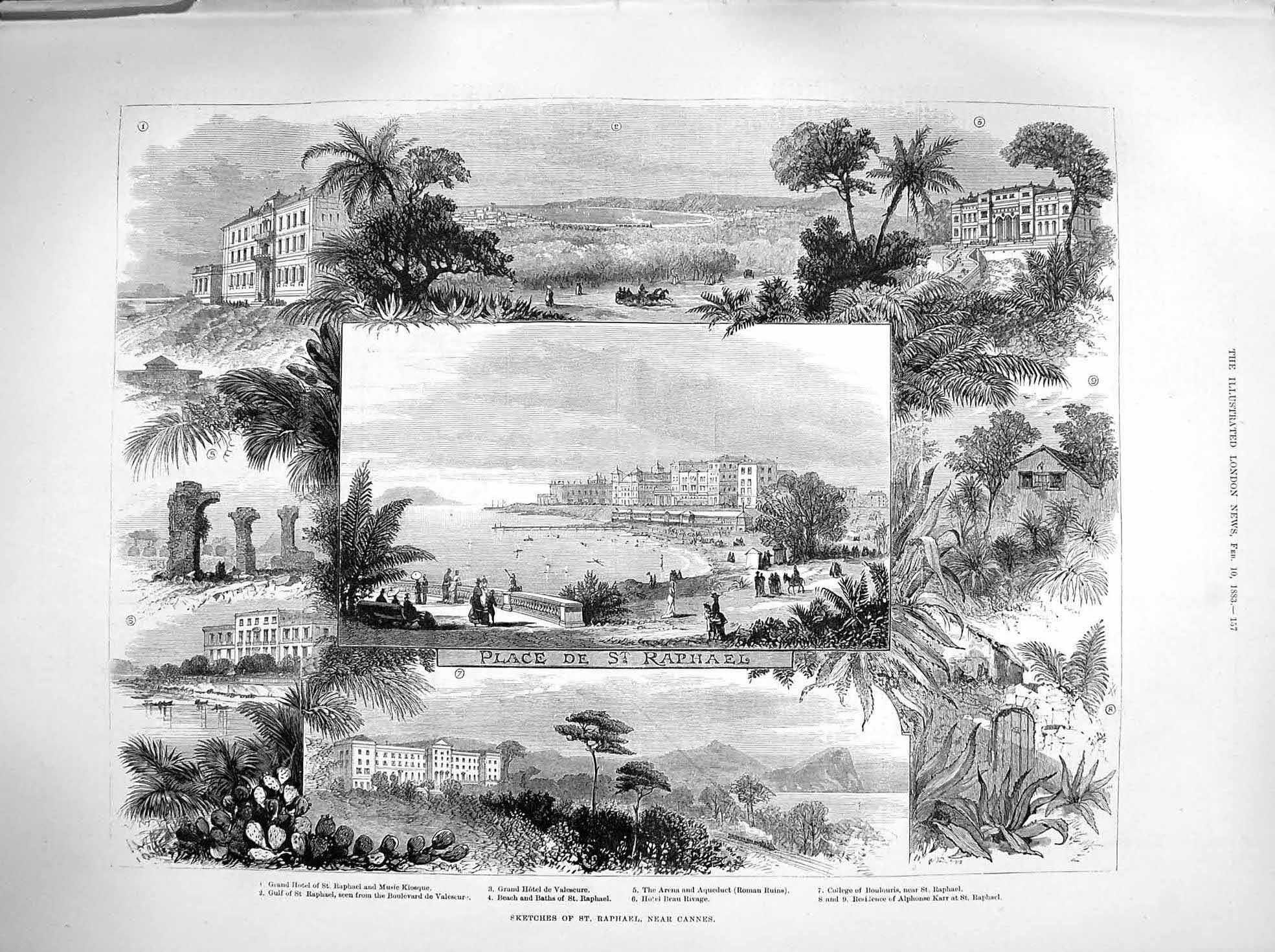 Original Old Antique Print 1883 St. Raphael Cannes France Hotel Kiosque Karr