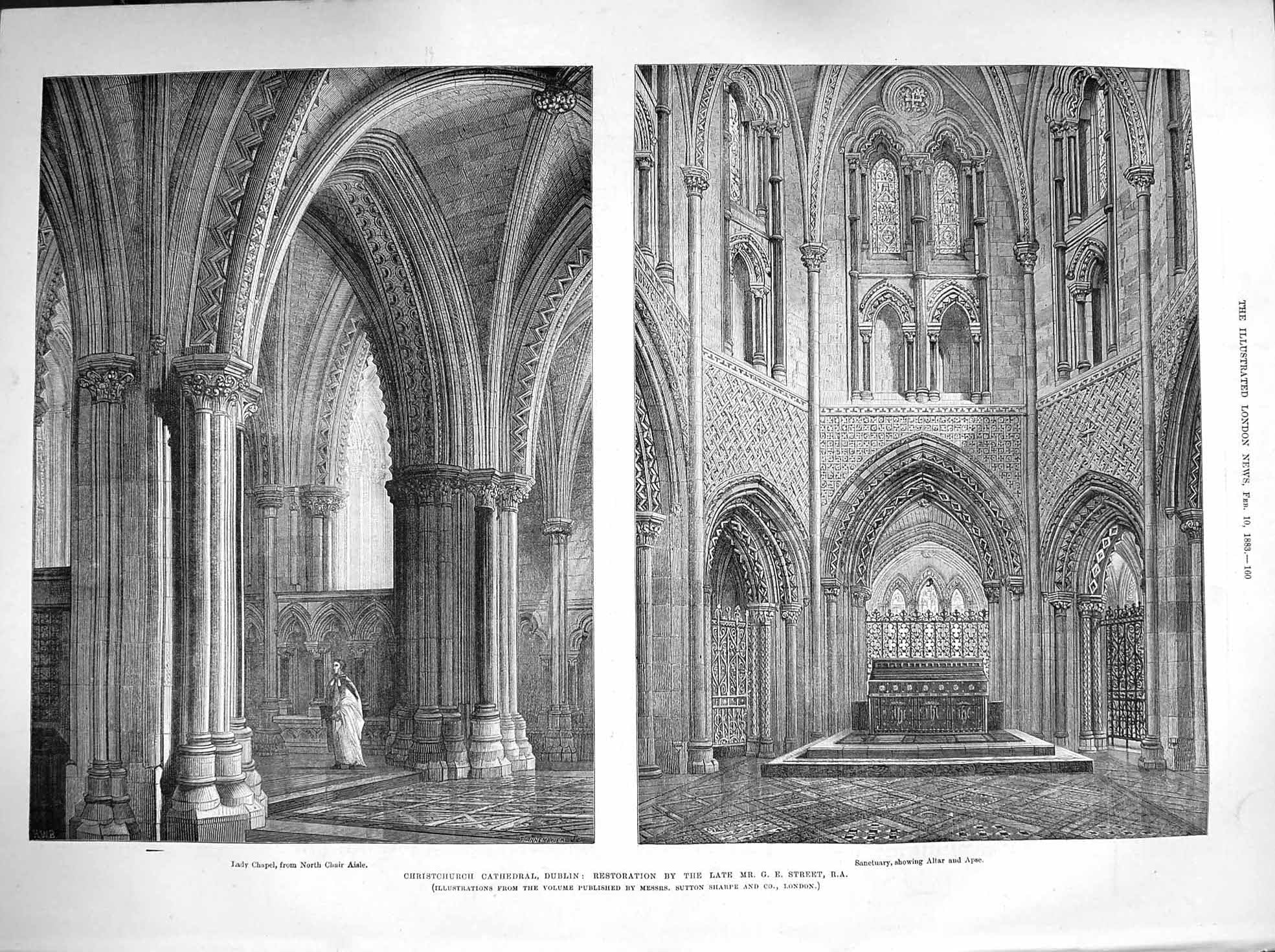 Original Old Antique Print 1883 Christchurch Cathedral Dublin Lady Chapel Aisle