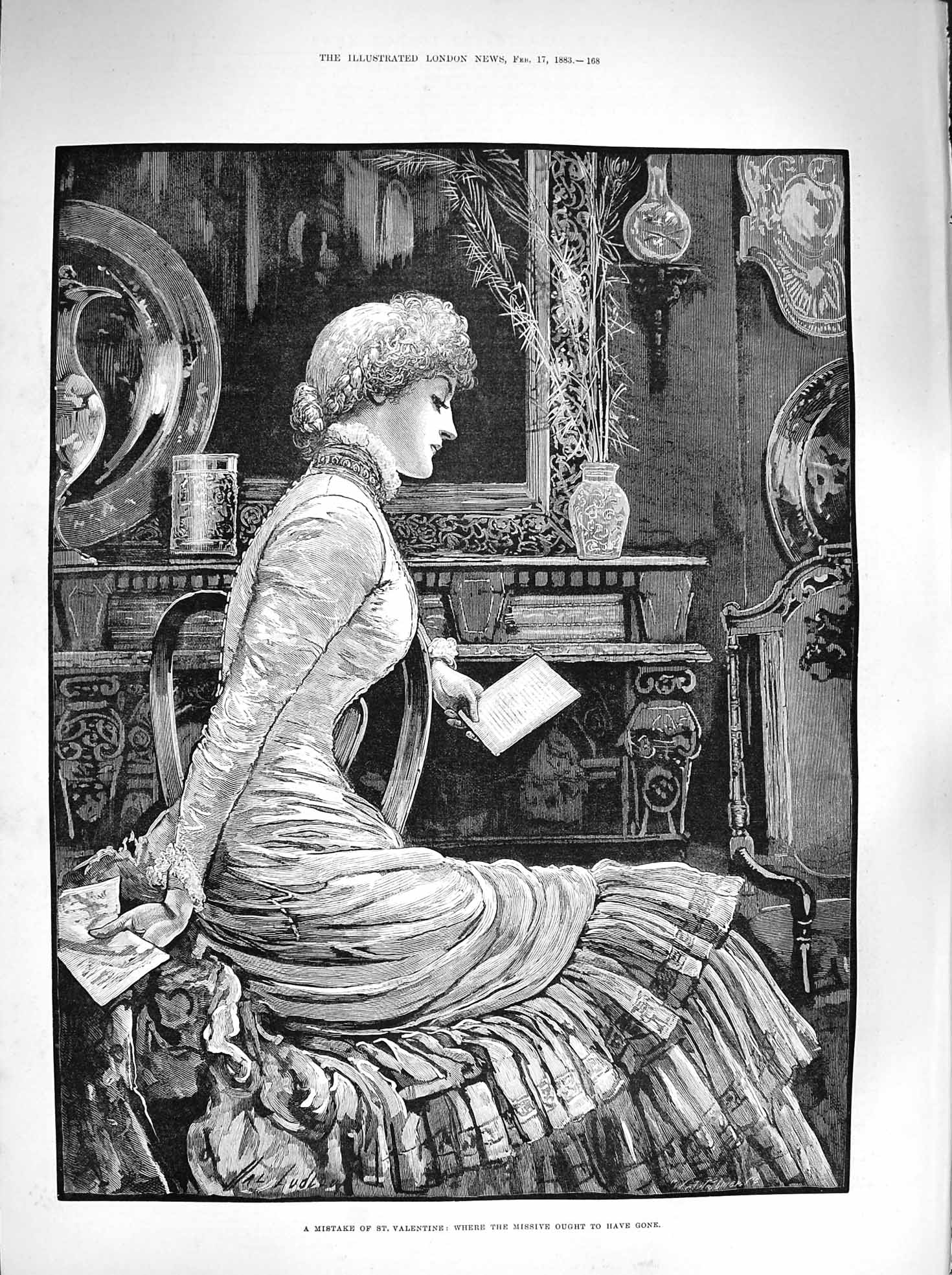 Original Old Antique Print 1883 Mistake Valentine Young Woman Card Fine Art