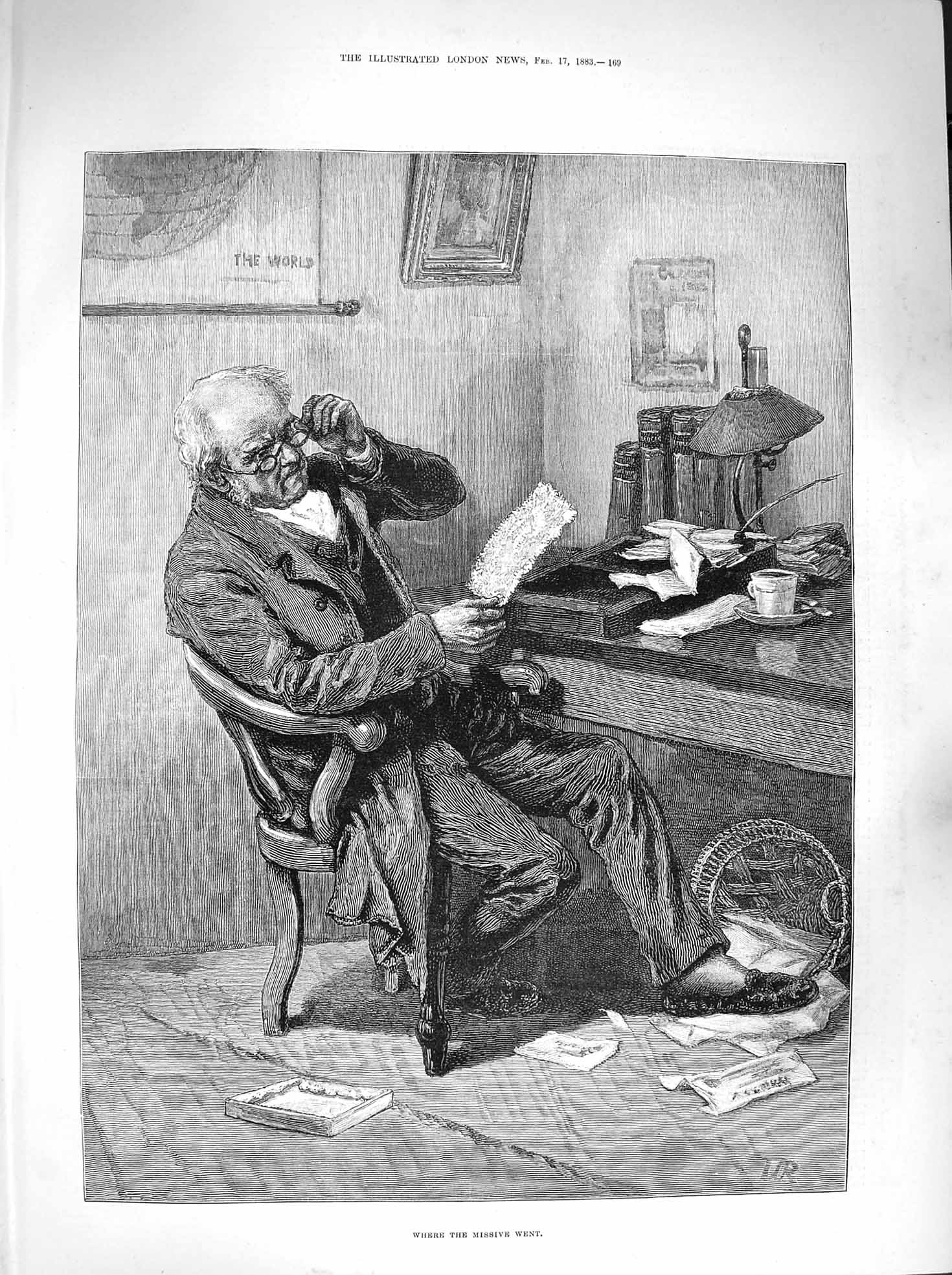 Old Antique Print 1883 Where Missive Went Man Reading Letter Writing Desk 19th