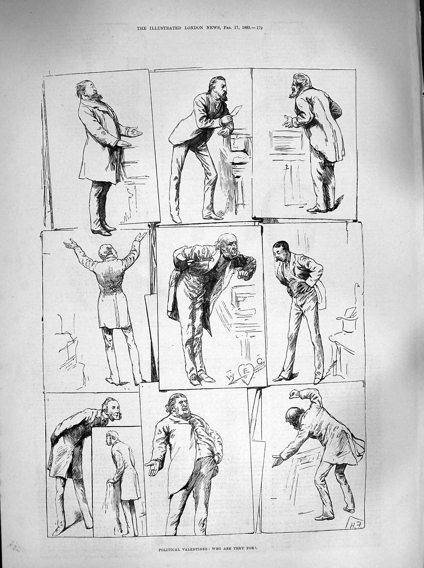 Original Old Antique Print 1883 Political Valentines Men Parliament Victorian