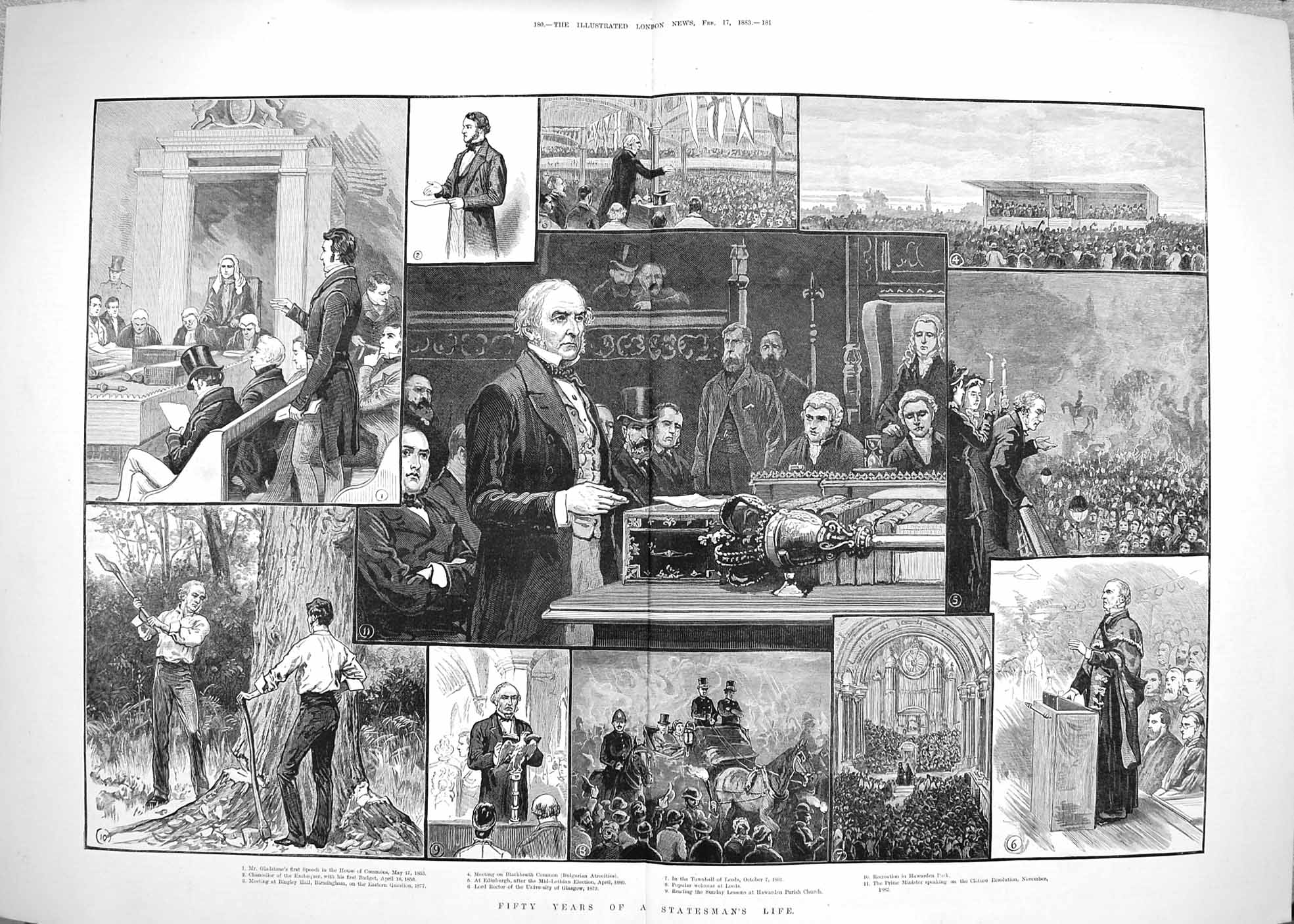 Old Antique Print 1883 Gladstone Statesman Edinburgh Leeds Hawarden Park 19th