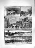 Original Old Antique Print 1883 Floods Salisbury Crane Street Horses Rescue