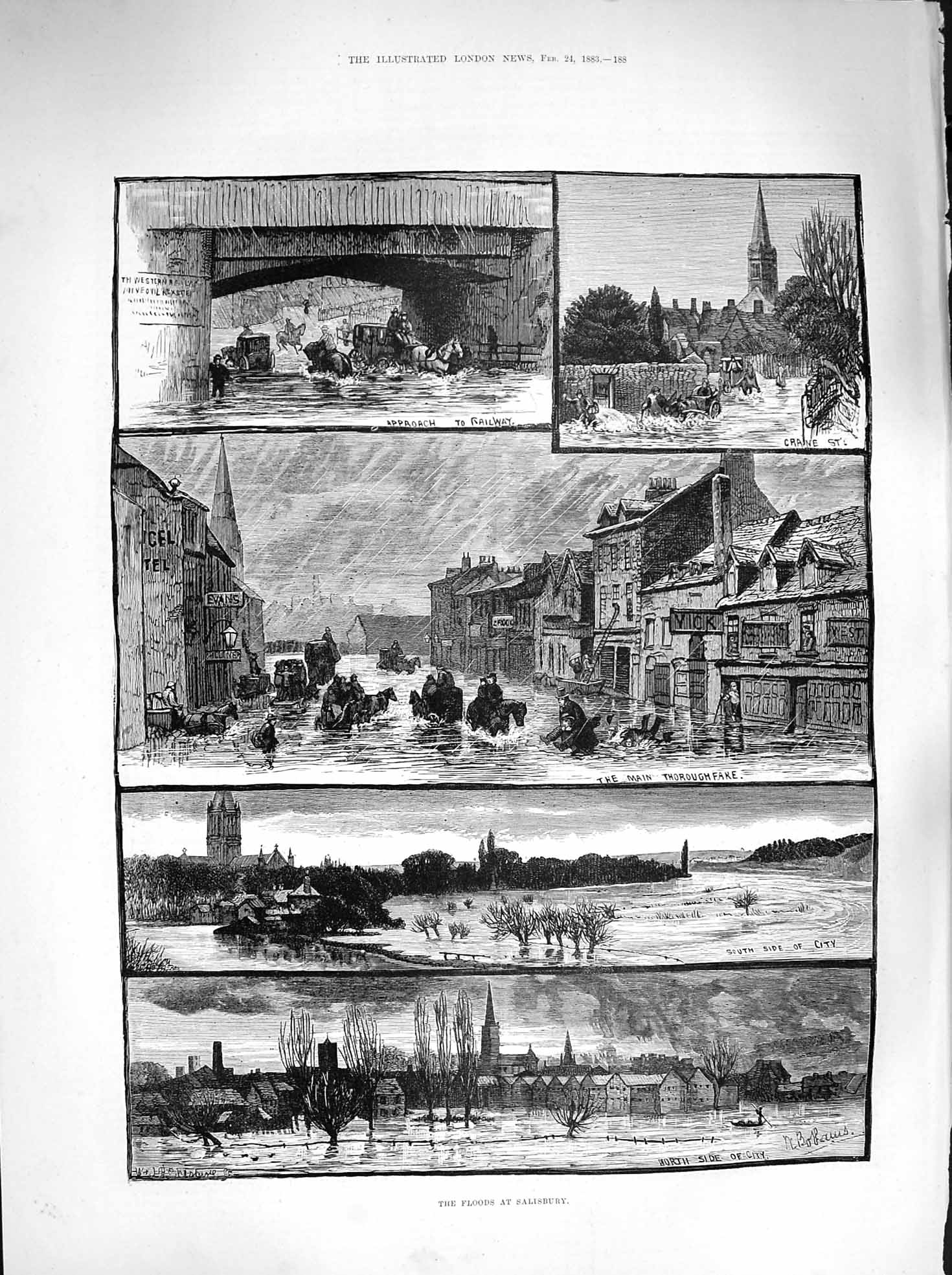 Original Old Antique Print 1883 Floods Salisbury Crane Street Horses Rescue