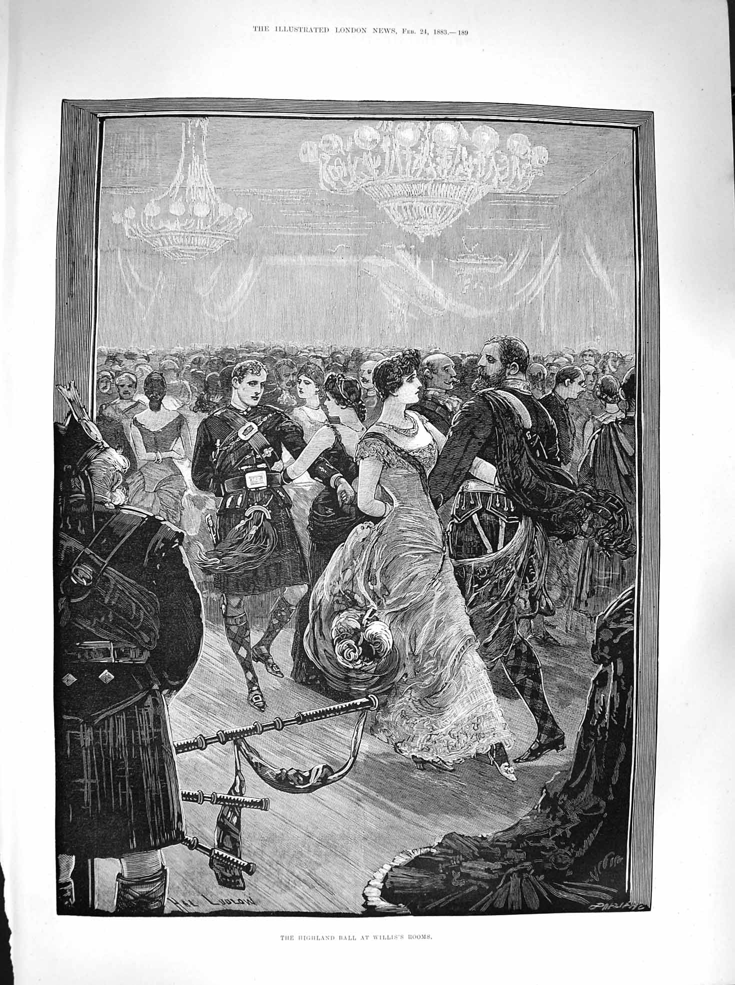Original Old Antique Print 1883 Highland Ball Dancing Willis'S Rooms Scotland