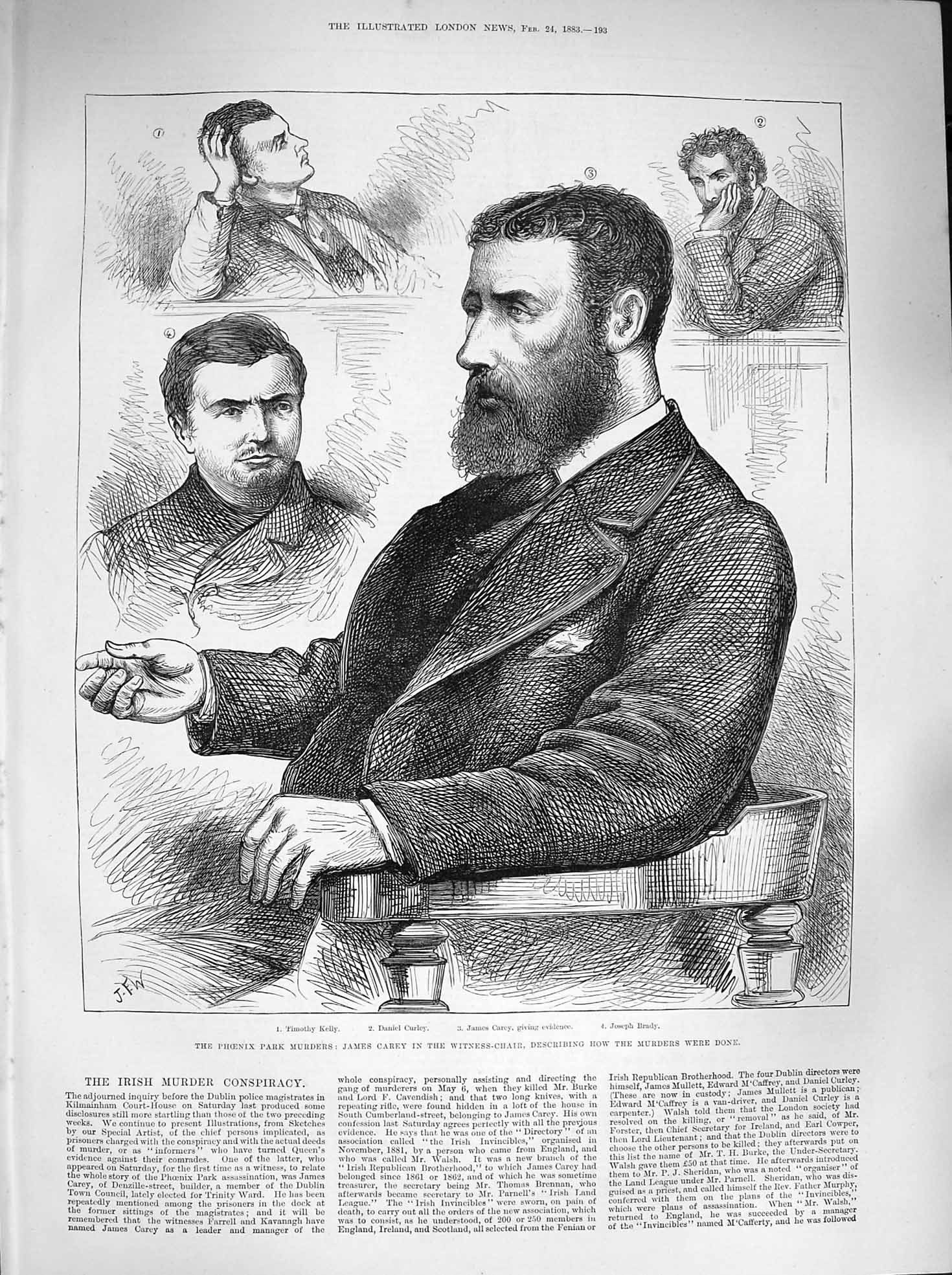 Original Old Antique Print 1883 Phoenix Park Murders James Carey Curley Brady