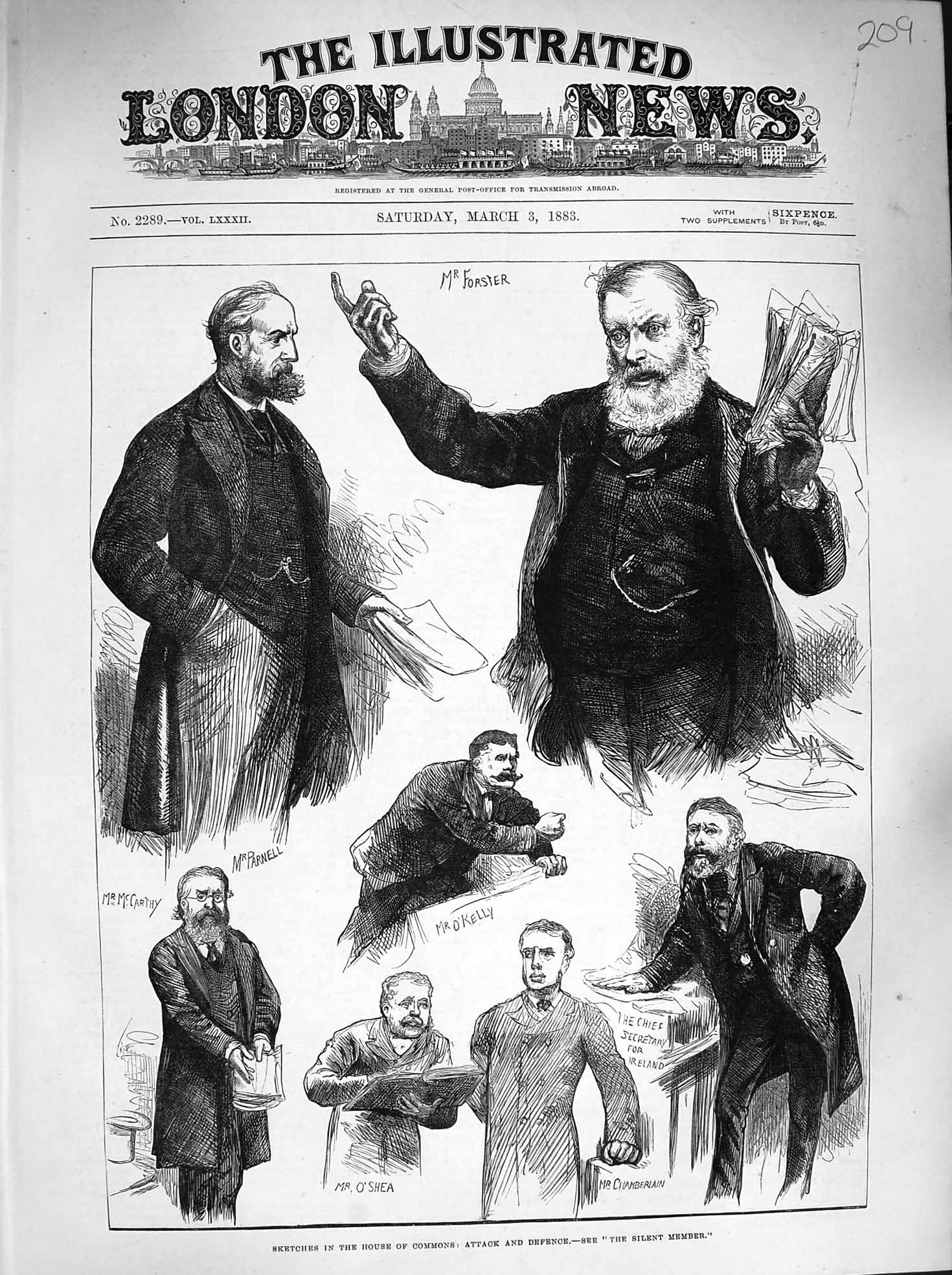 Old Antique Print 1883 House Commons Parnell Mccarthy O'Shea Chamberlain 19th