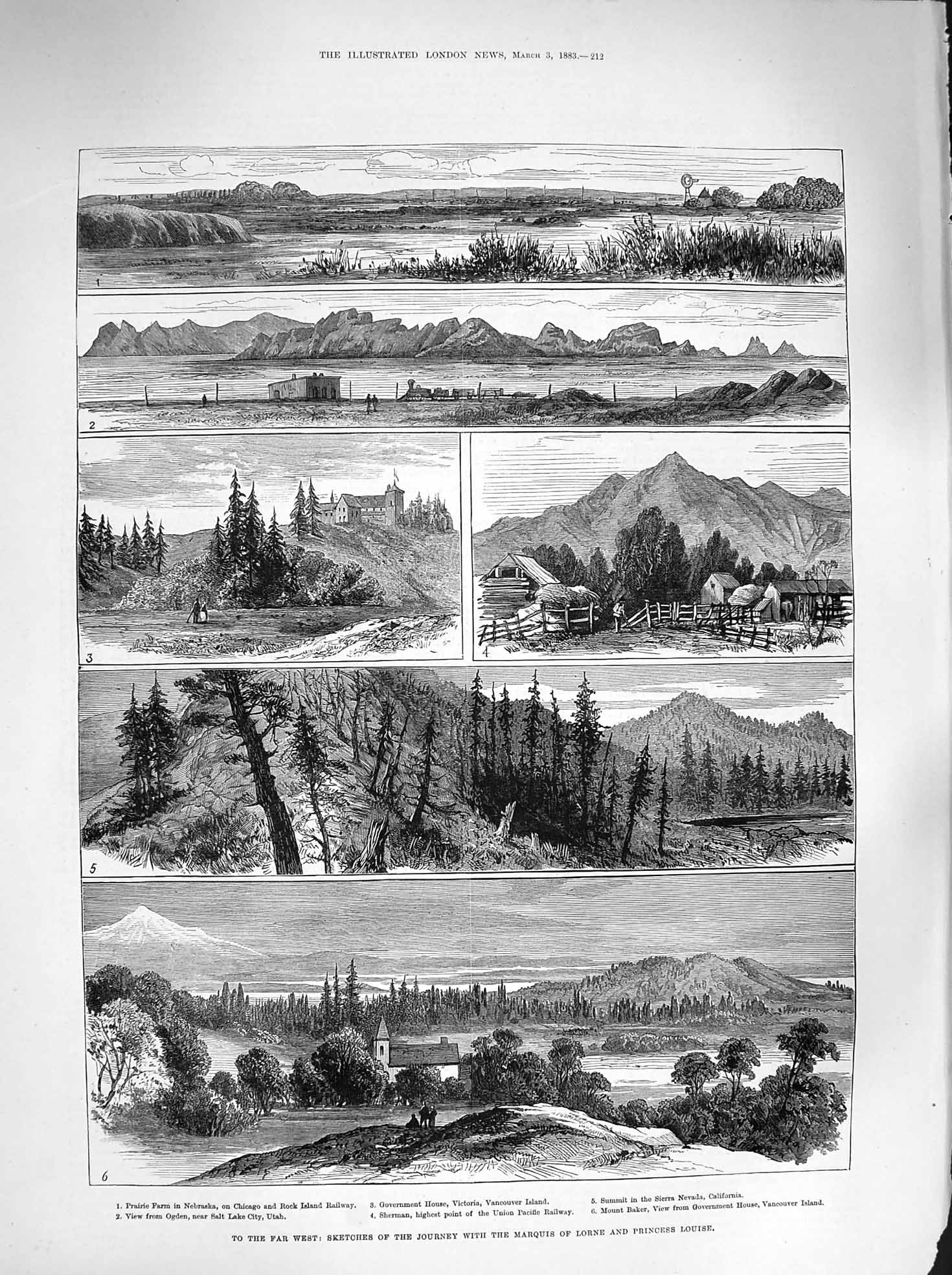 Original Old Antique Print 1883 Marquis Lorne Nebraska Salt Lake Utah Vancouver