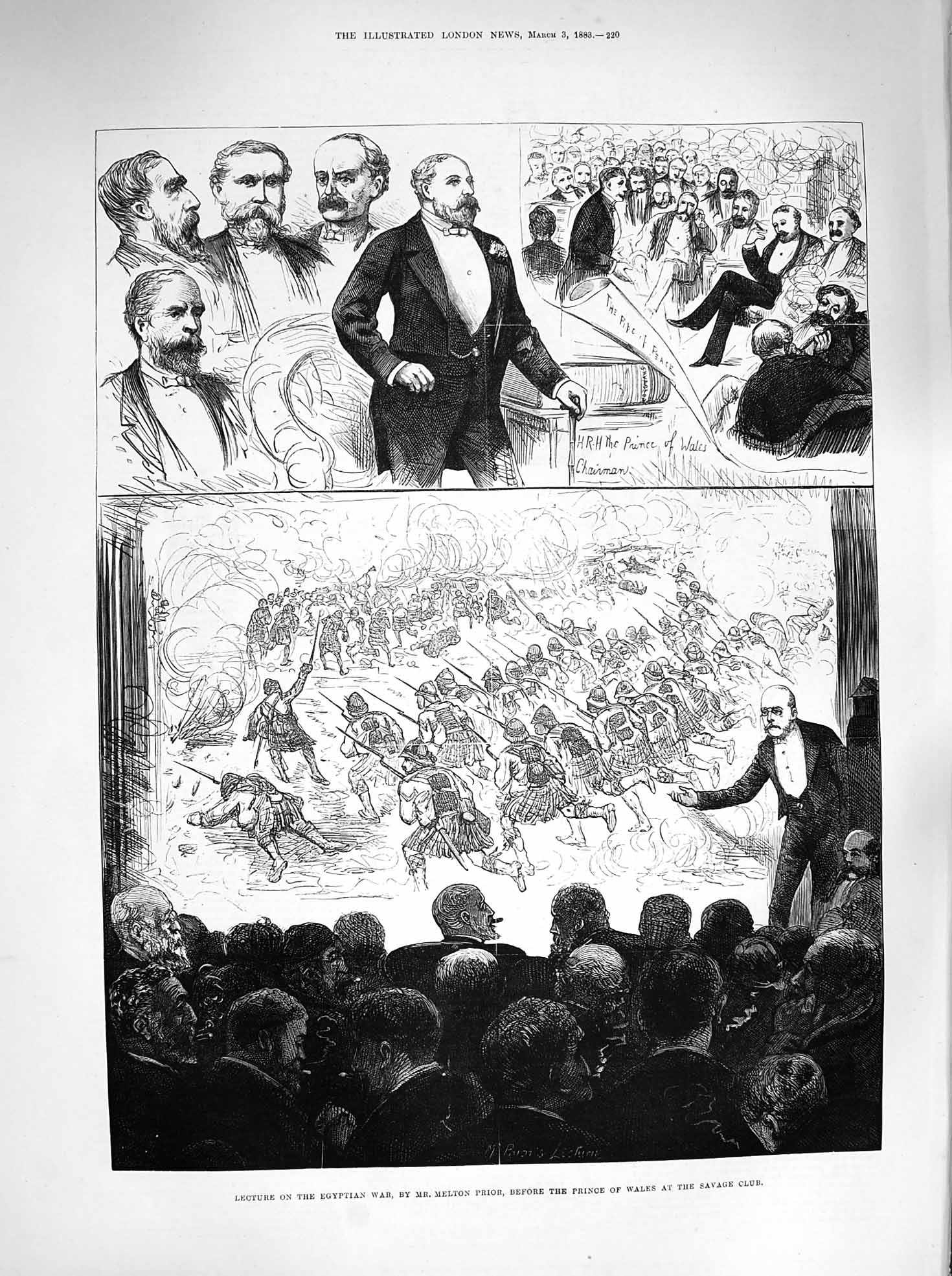 Original Old Antique Print 1883 Lecture Egyptian War Melton Prior Savage Club