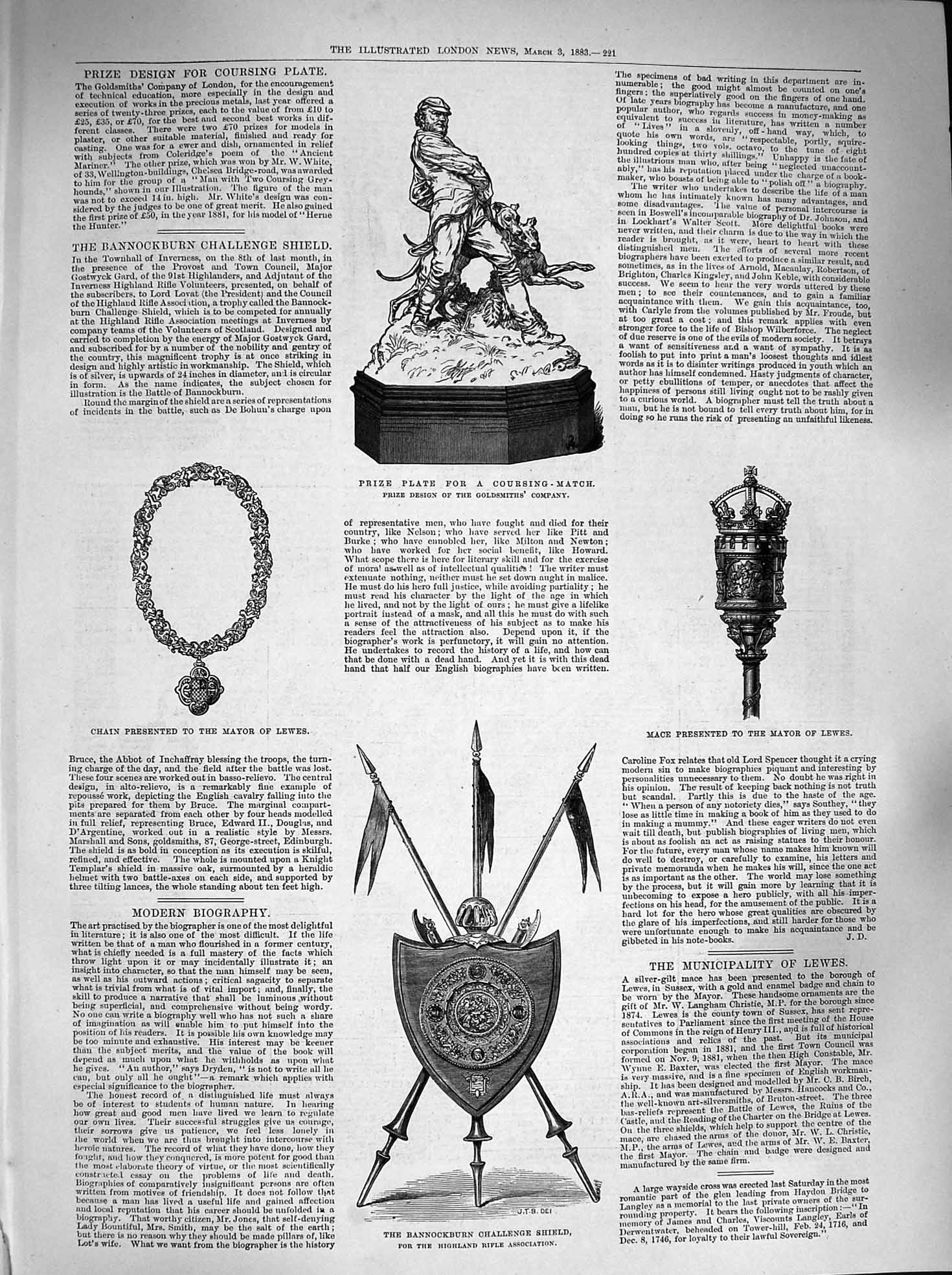 Old Antique Print 1883 Prize Plate Coursing Bannockburn Shield Lewes Mace 19th