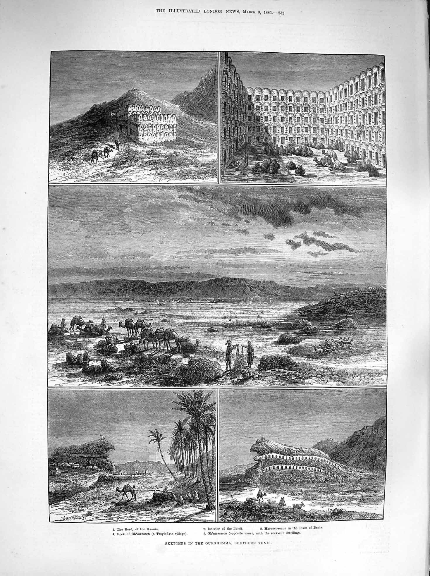 Original Old Antique Print 1883 Ourghemma Tunis Bordj Benia Gh'Mrassen Haouia