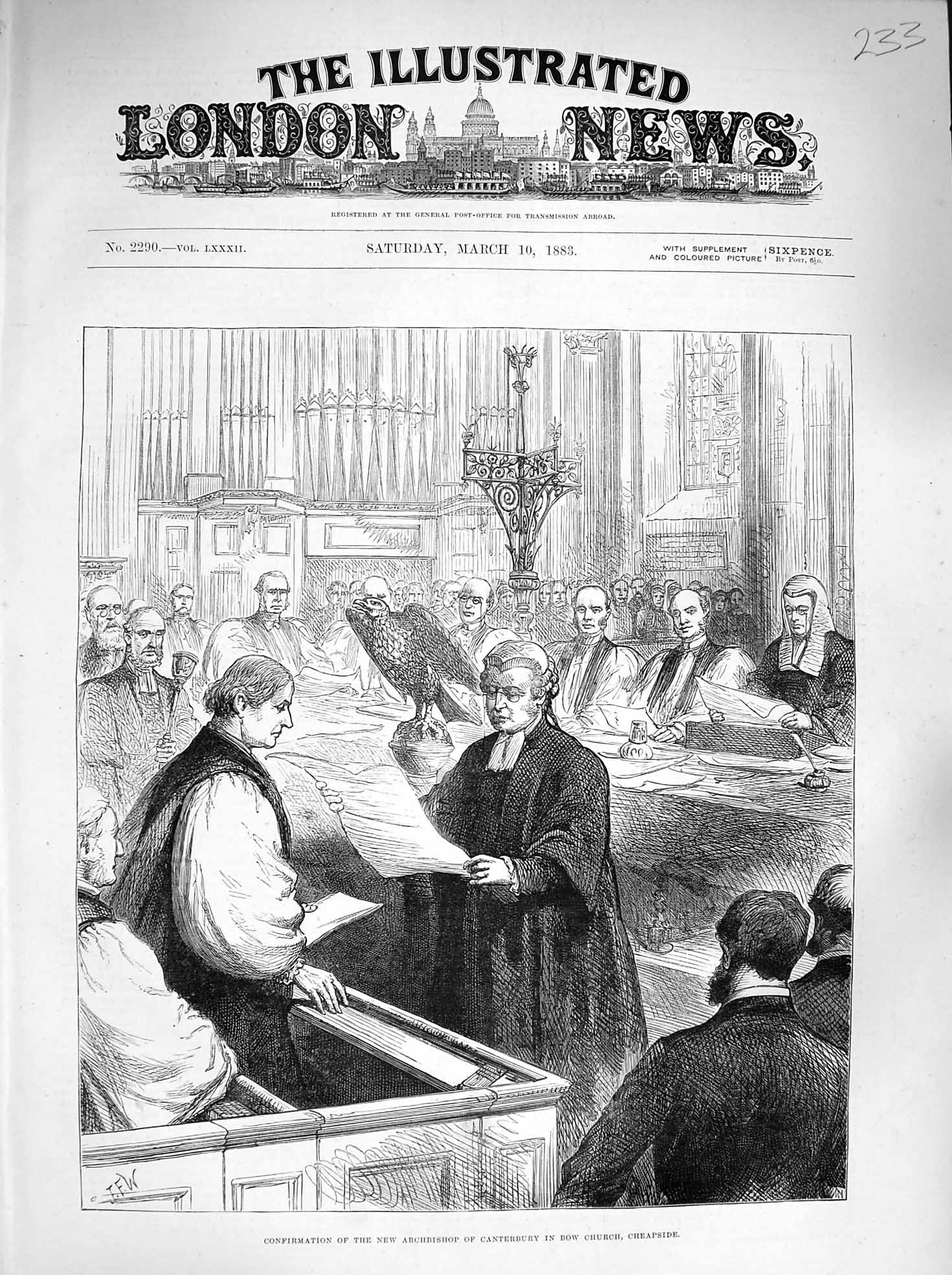 Original Old Antique Print 1883 Archbishop Canterbury Bow Church Cheapside 19th