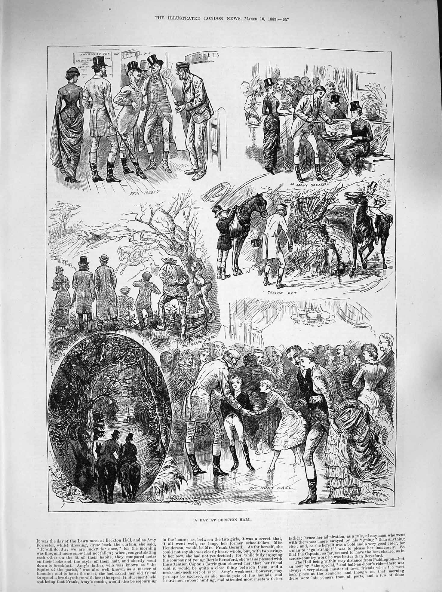 Original Old Antique Print 1883 Day Beckton Hall Horses Hunting Dance Hunt Ball