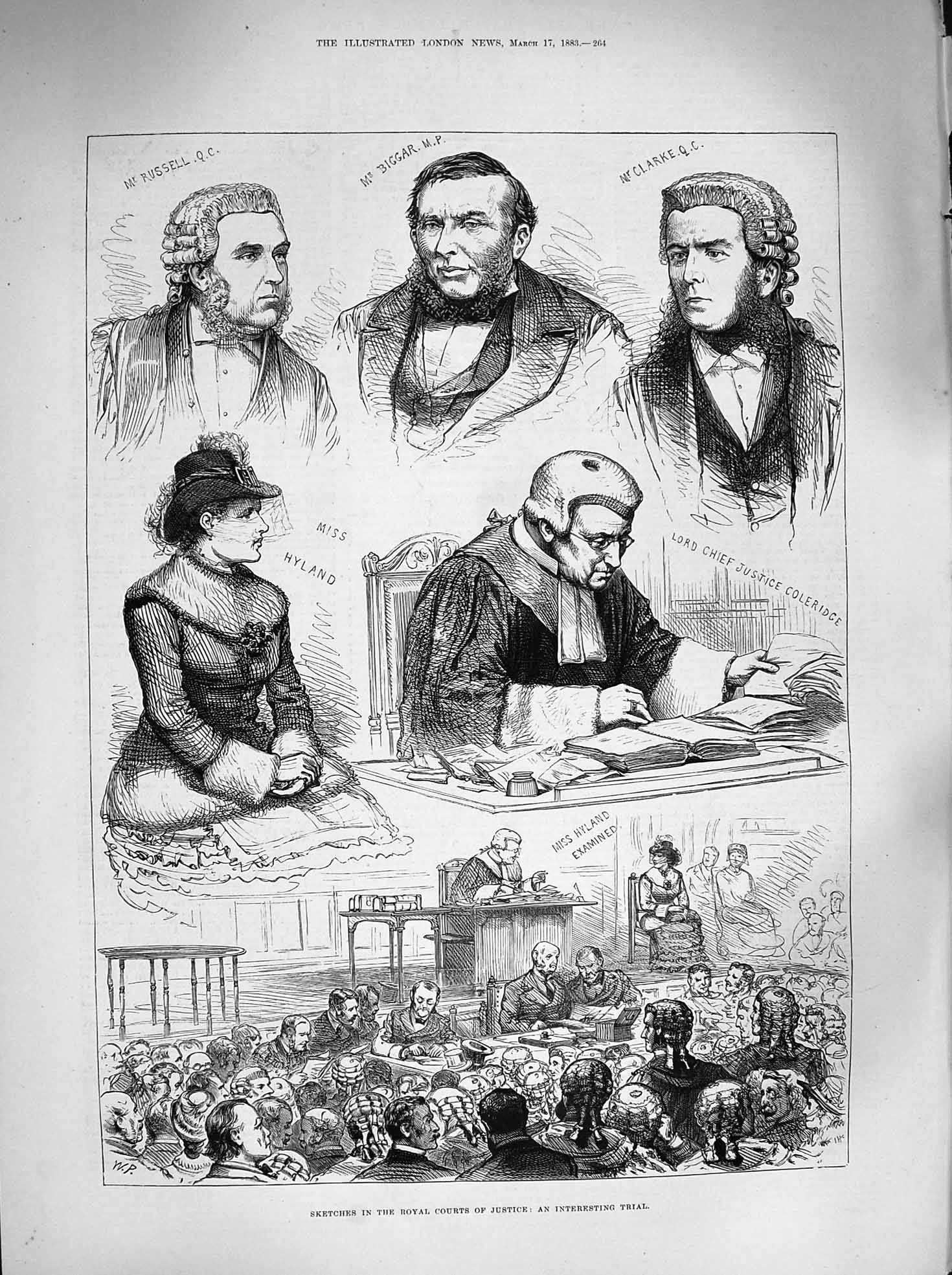 Old Antique Print 1883 Royal Courts Justice Hyland Biggar Russell Clarke 19th