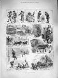 Original Old Antique Print 1883 Frosty Sketches Oxford Street Transport 19th