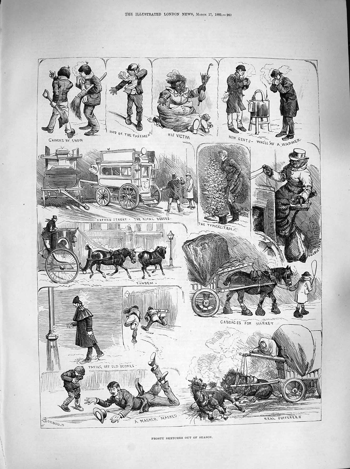 Original Old Antique Print 1883 Frosty Sketches Oxford Street Transport 19th