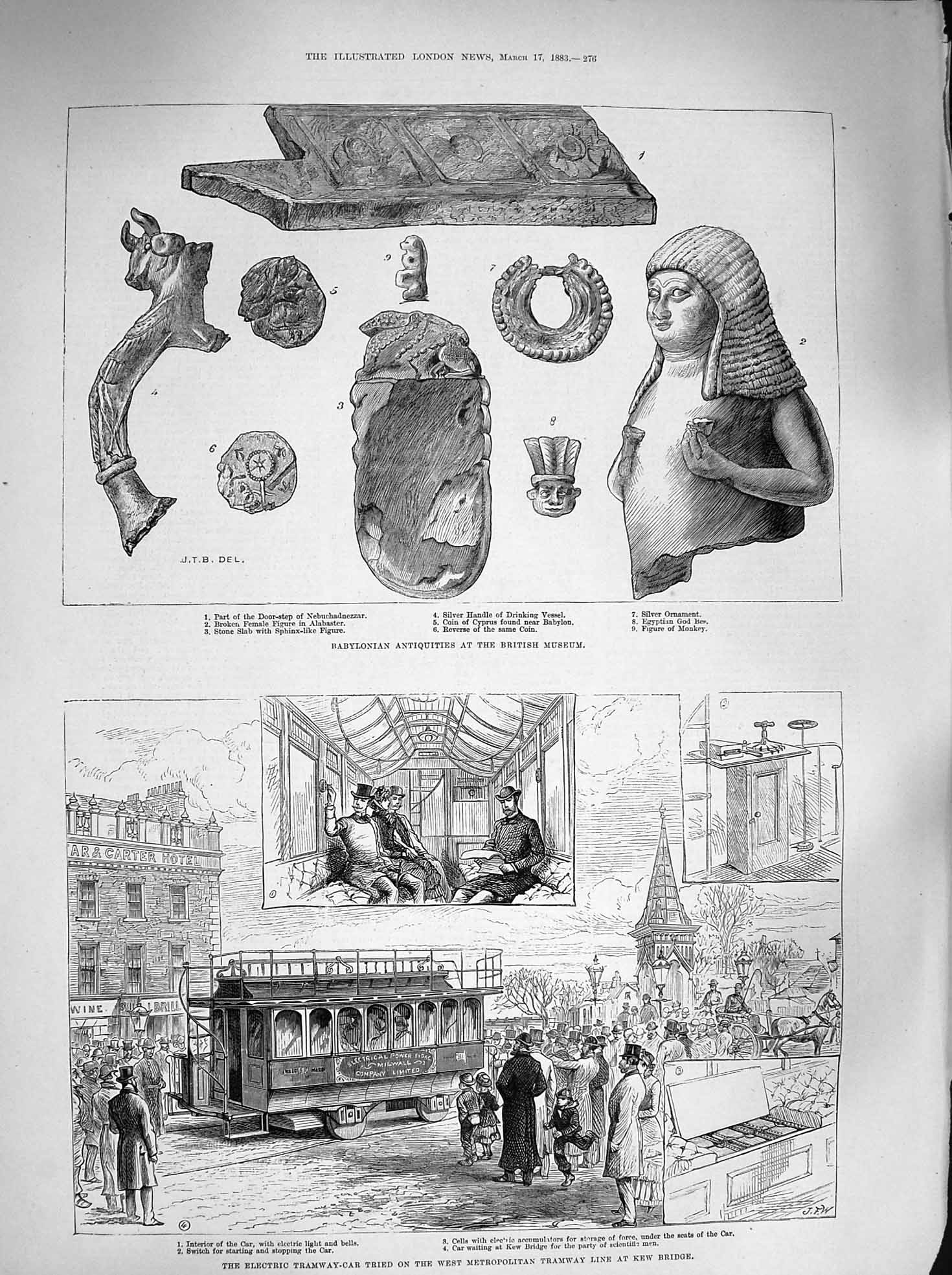 Old Antique Print 1883 Electric Tramway-Car Kew Babylonian British Museum 19th