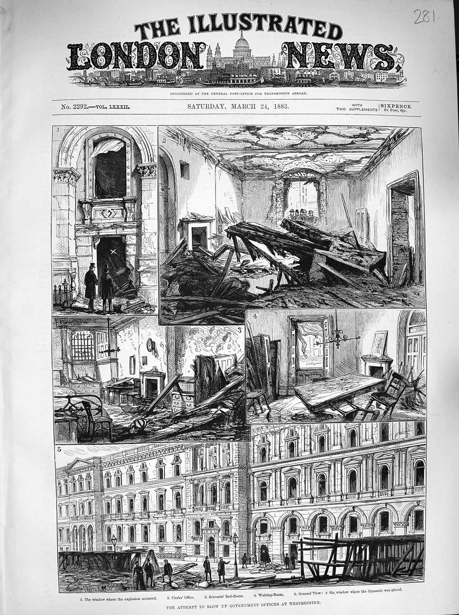 Original Old Antique Print 1883 Explosion Government Offices Westminster London