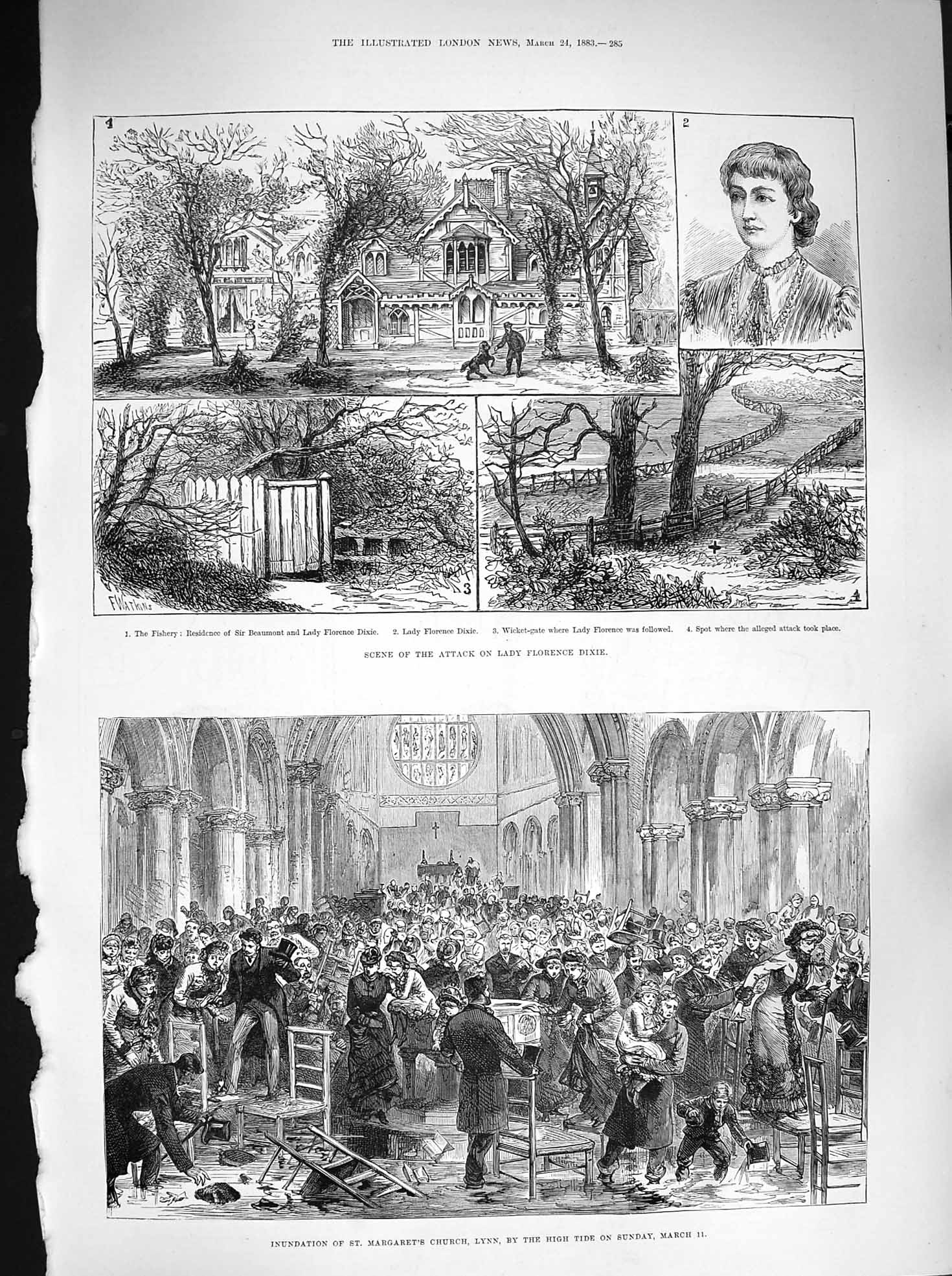 Original Old Antique Print 1883 Attack Florence Dixie Flood Margaret'S Chur 19th
