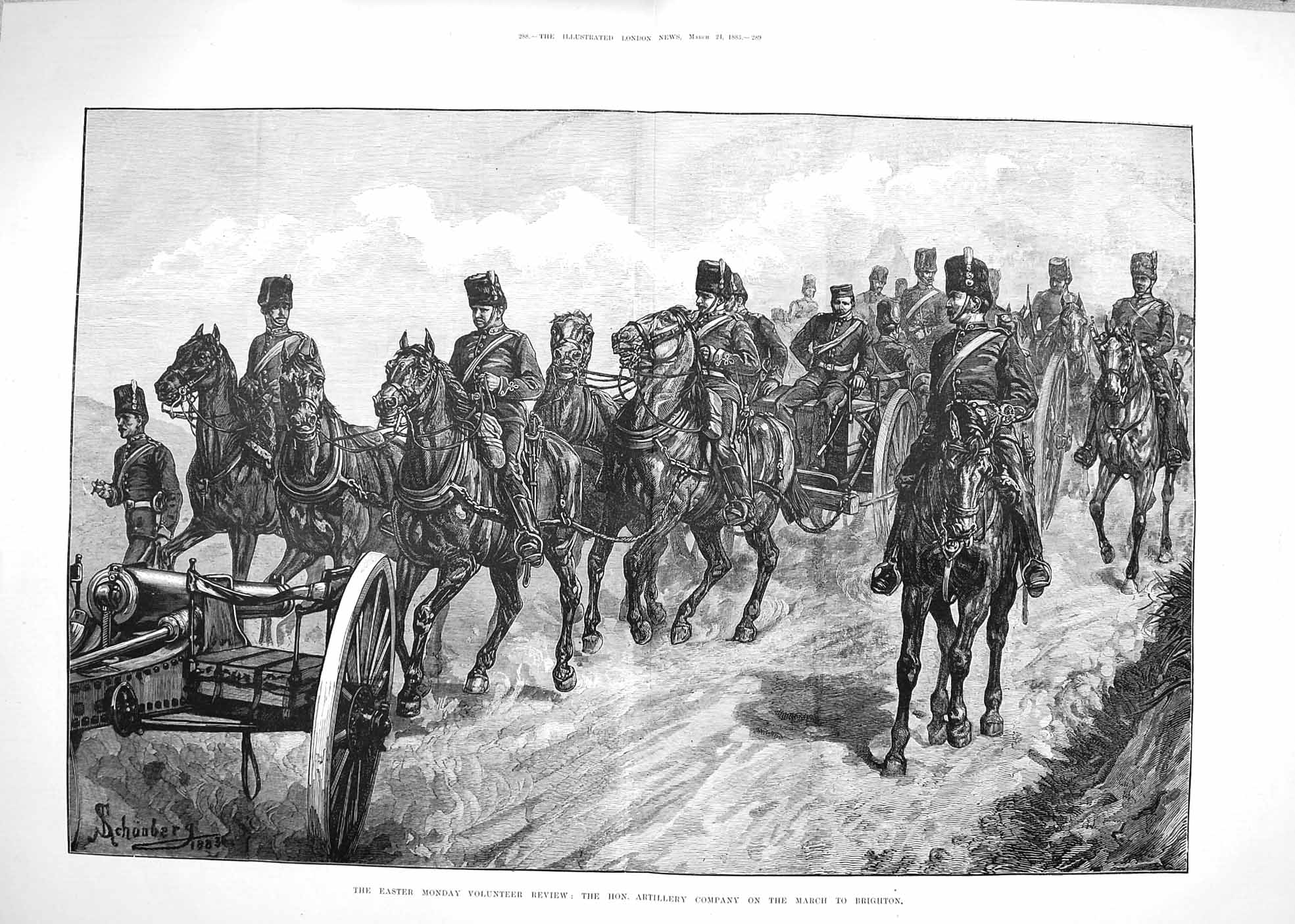 Original Old Antique Print 1883 Artillery Siers Marching Brighton Volunteers