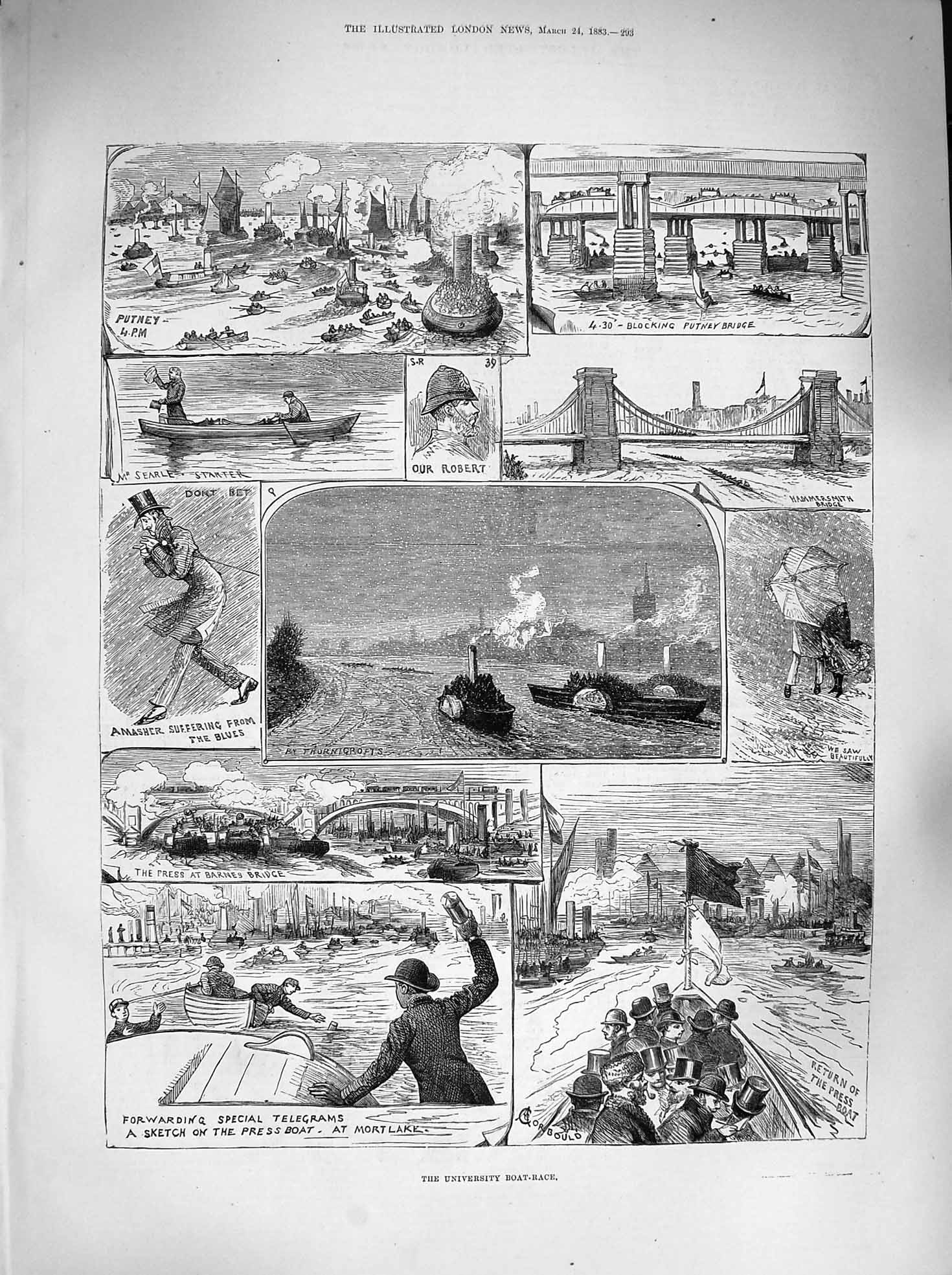 Original Old Antique Print 1883 University Boat Race Hammersmith Putney Bridge