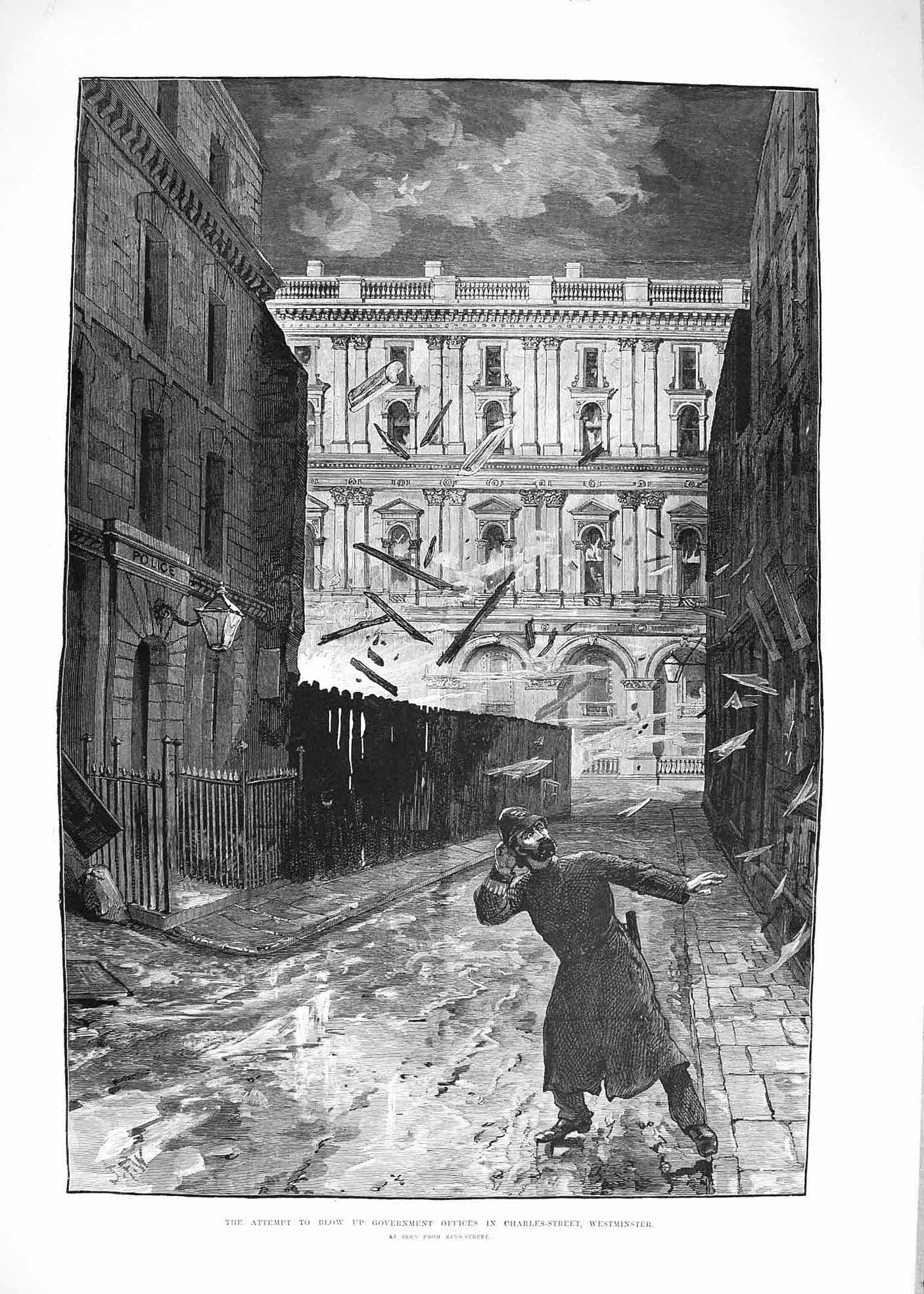 Original Old Antique Print 1883 Attempt Blow Up Government Offices Westminster