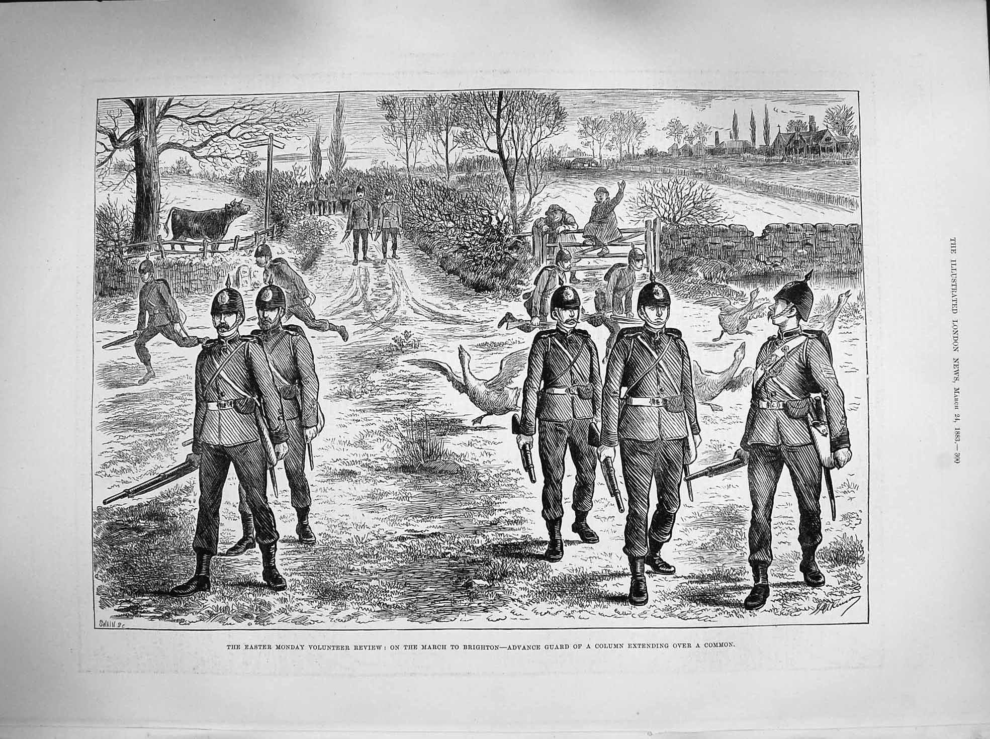 Original Old Antique Print 1883 Easter Volunteer Review Brighton Advance Guard