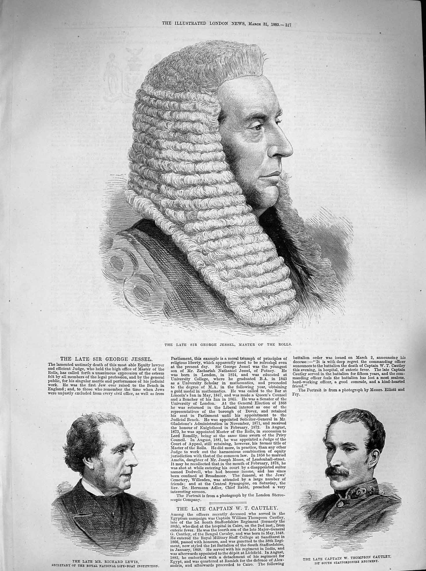 Old Antique Print 1883 George Jessel Master Rolls Cautley Lewis Life-Boat 19th