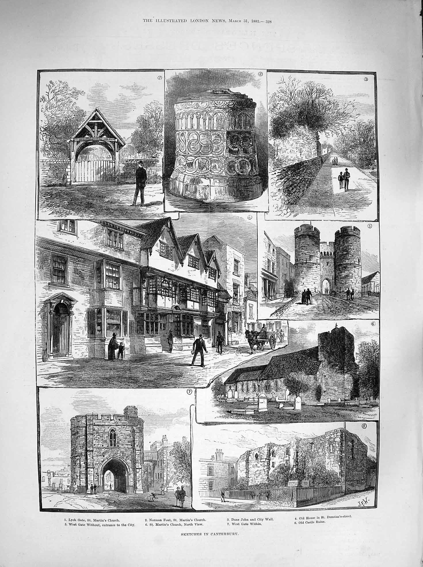 Old Antique Print 1883 Canterbury Lych Gate Martin'S Church Castle Ruins 19th