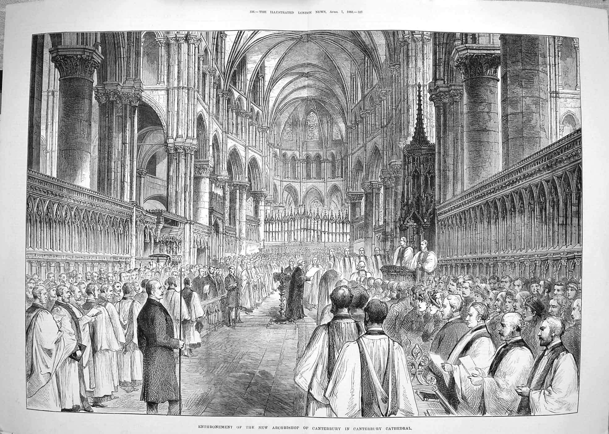 Original Old Antique Print 1883 Archbishop Canterbury Marble Chair Cathedral