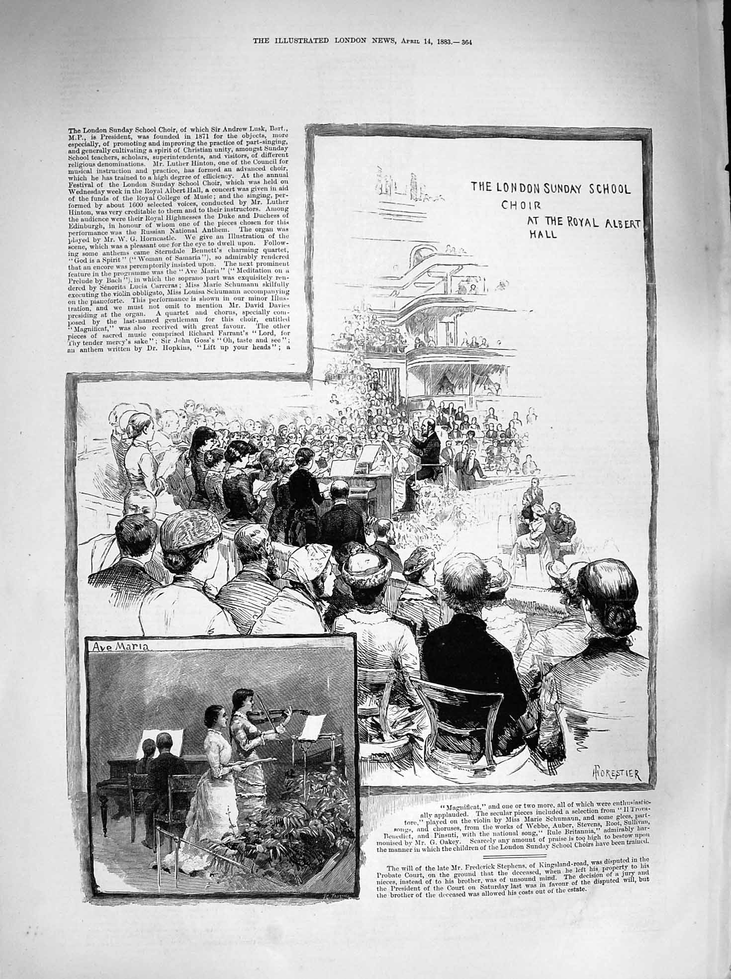Original Old Antique Print 1883 London Sunday School Choir Royal Albert Hall