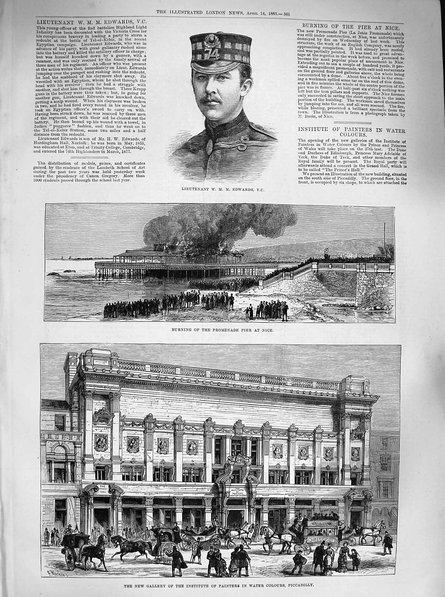 Old Antique Print 1883 Edwards Fire Pier Nice Gallery Painters Piccadilly 19th