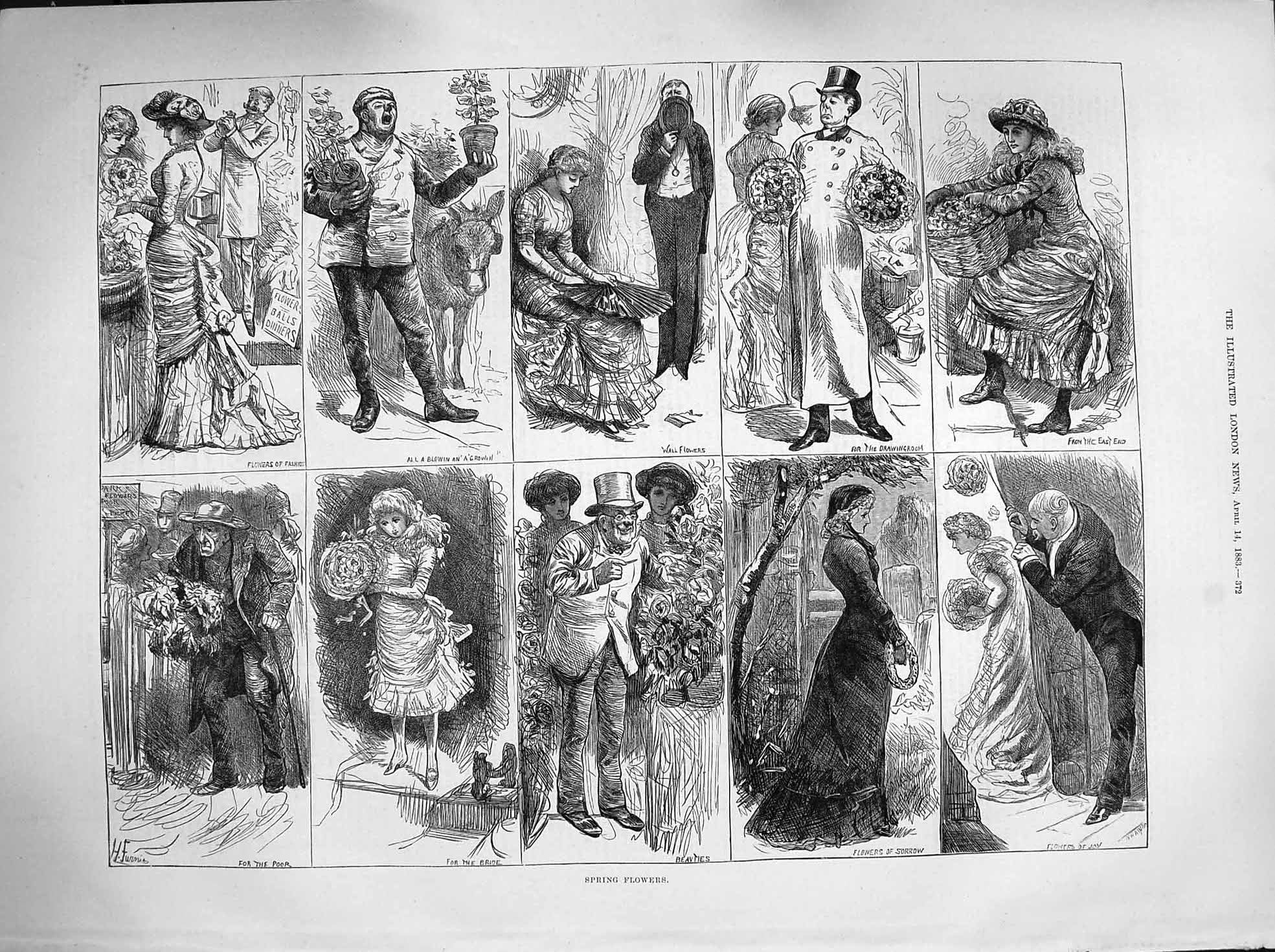 Old Antique Print 1883 Spring Flowers Drawingroom Wedding Fashion Sorrow 19th