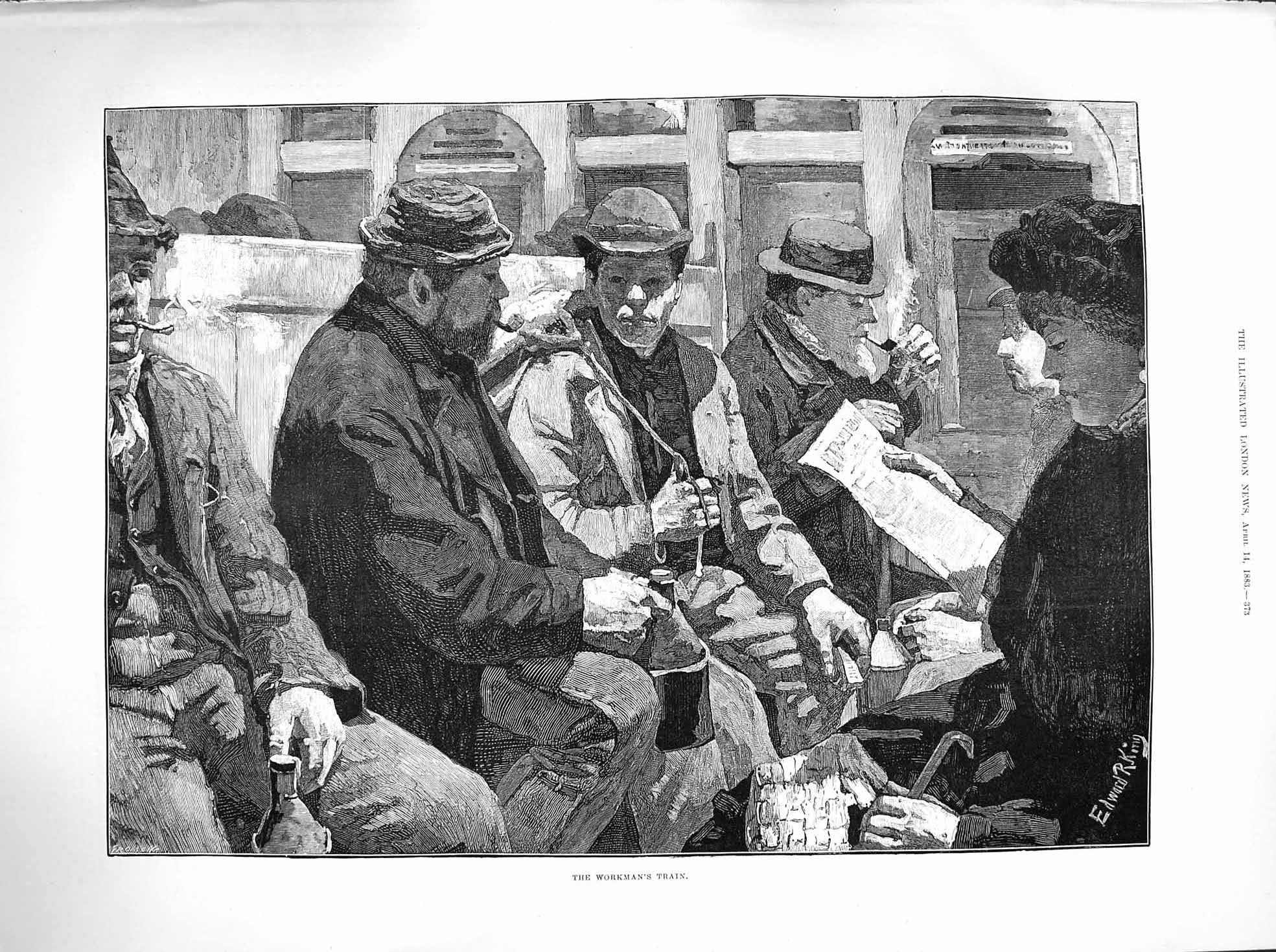 Original Old Antique Print 1883 Workman'S Train Transport Smoking Pipe Fine Art