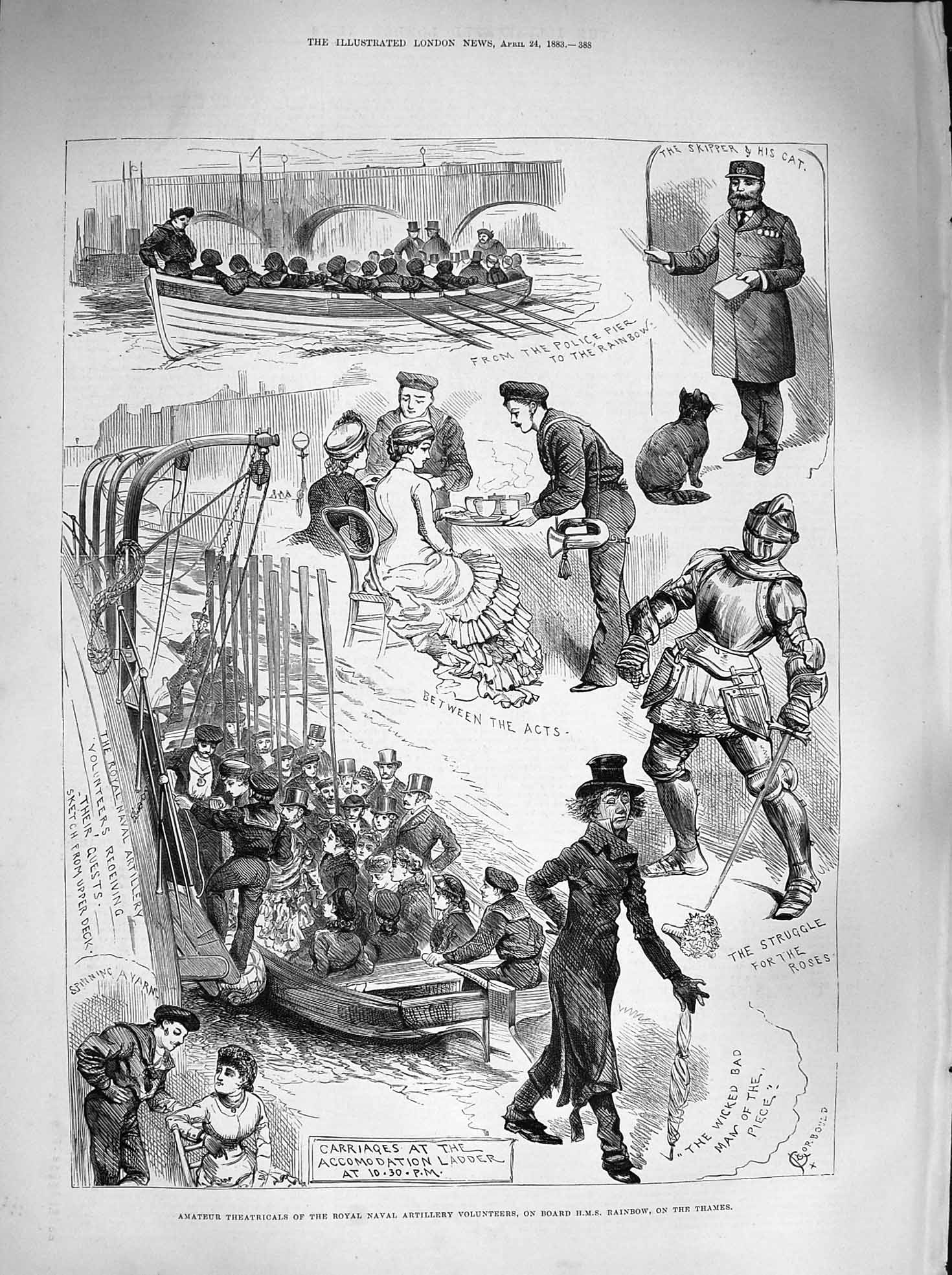Original Old Antique Print 1883 Theatricals Naval Artillery Ship Rainbow Thames