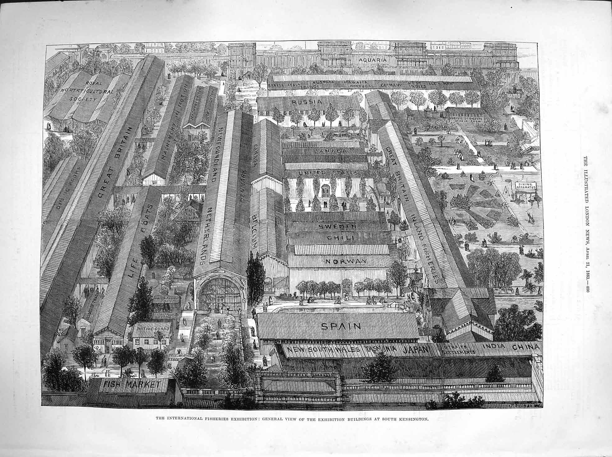 Old Antique Print 1883 Fisheries Exhibition Buildings Kensington Market 19th