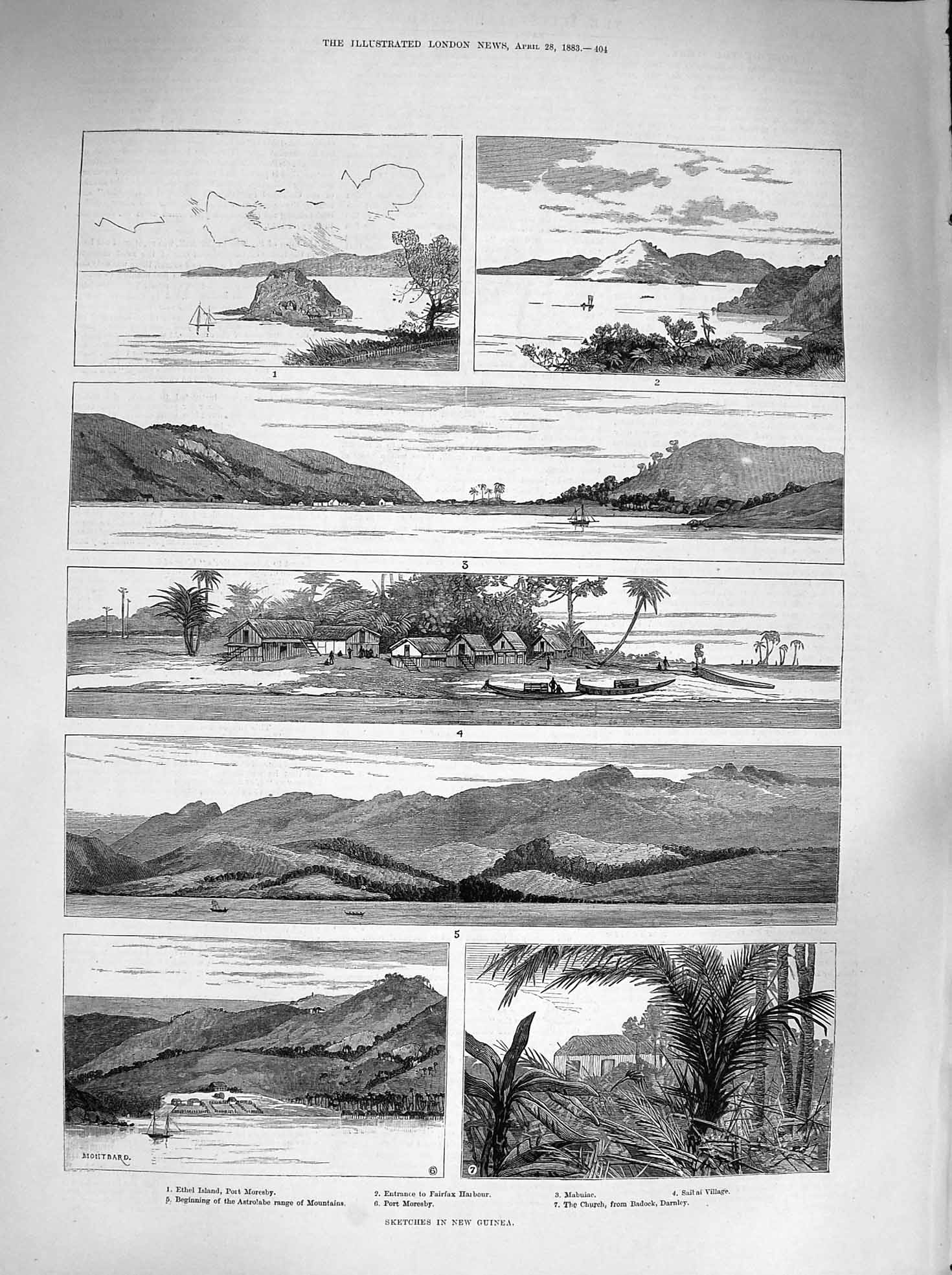 Original Old Antique Print 1883 New Guinea Ethel Island Fairfax Harbour Moresby
